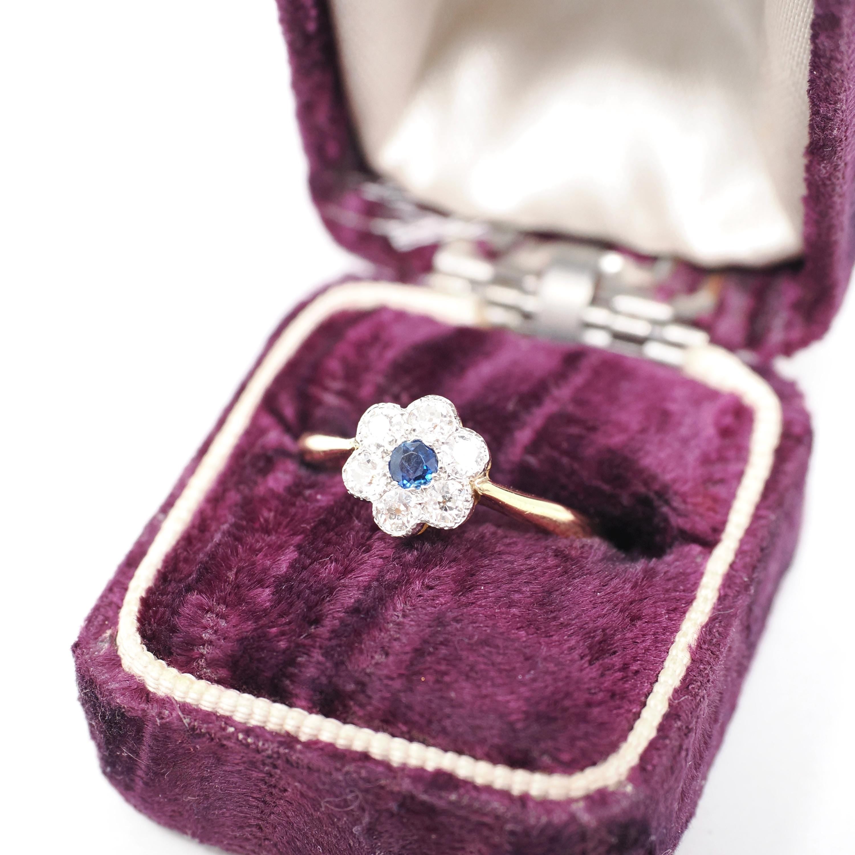 Antique Flower Ring - Edwardian 18k Yellow Gold & Platinum Blue Sapphire Gemstone .39 CTW Diamonds - Circa 1910s Size 7.5 Halo Fine Jewelry