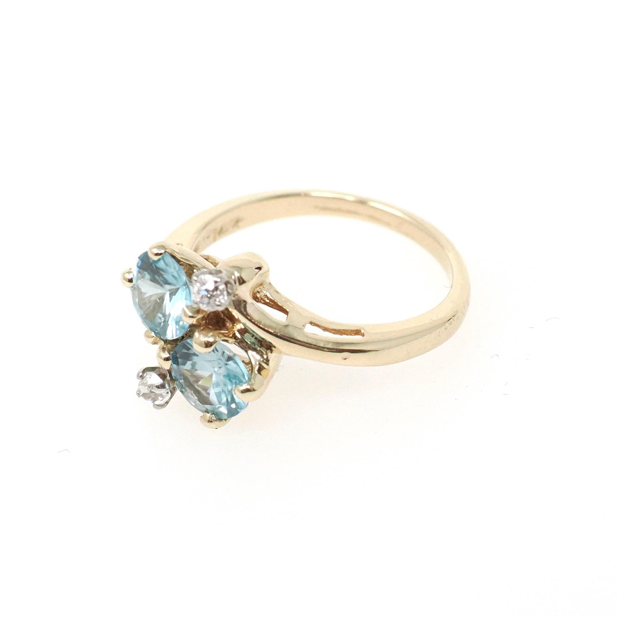 Vintage Toi et Moi Ring - Retro 14k Yellow Gold Natural Blue Zircon Diamonds Gemstones Bypass - Circa 1940s Size 5 1/2 December Fine Jewelry