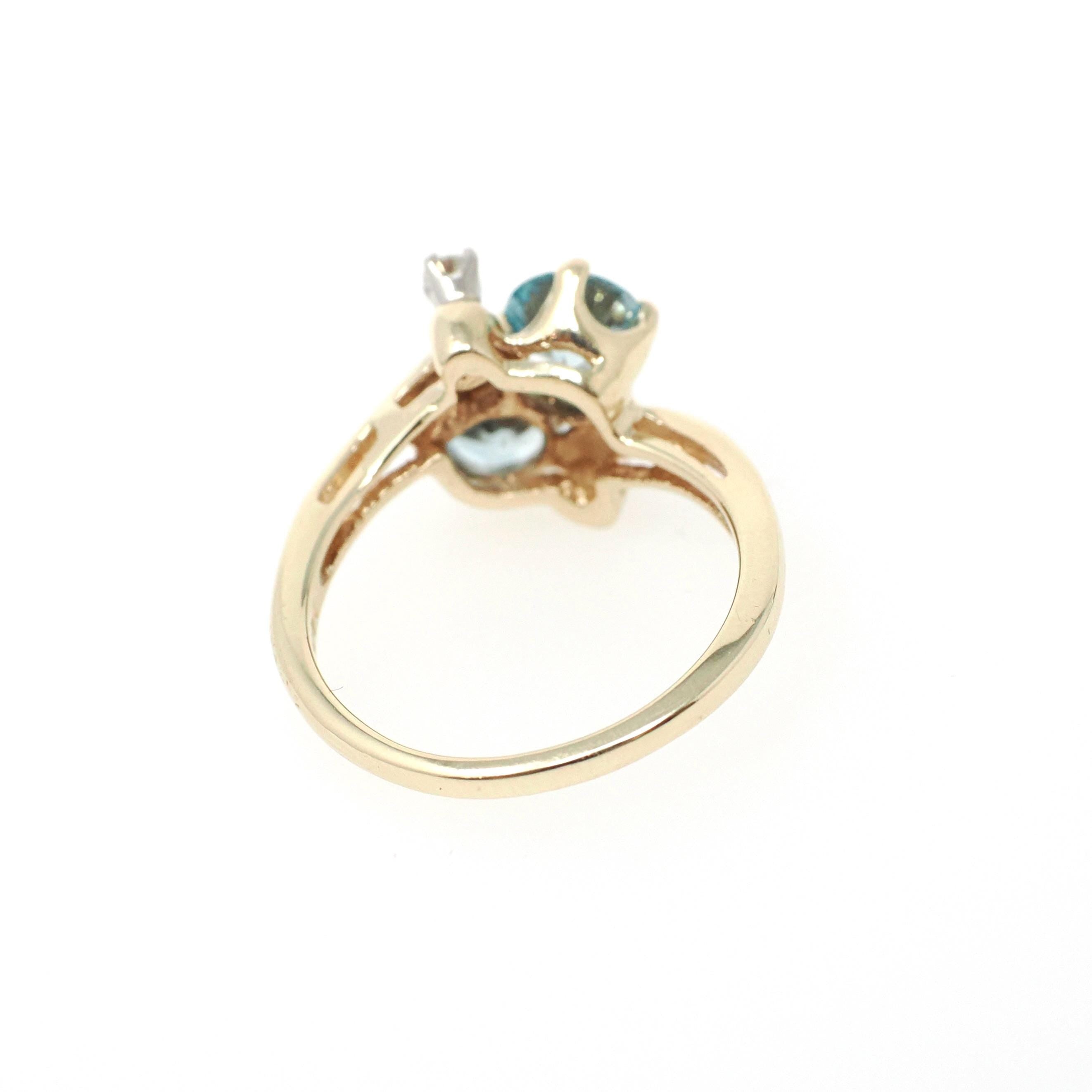 Vintage Toi et Moi Ring - Retro 14k Yellow Gold Natural Blue Zircon Diamonds Gemstones Bypass - Circa 1940s Size 5 1/2 December Fine Jewelry