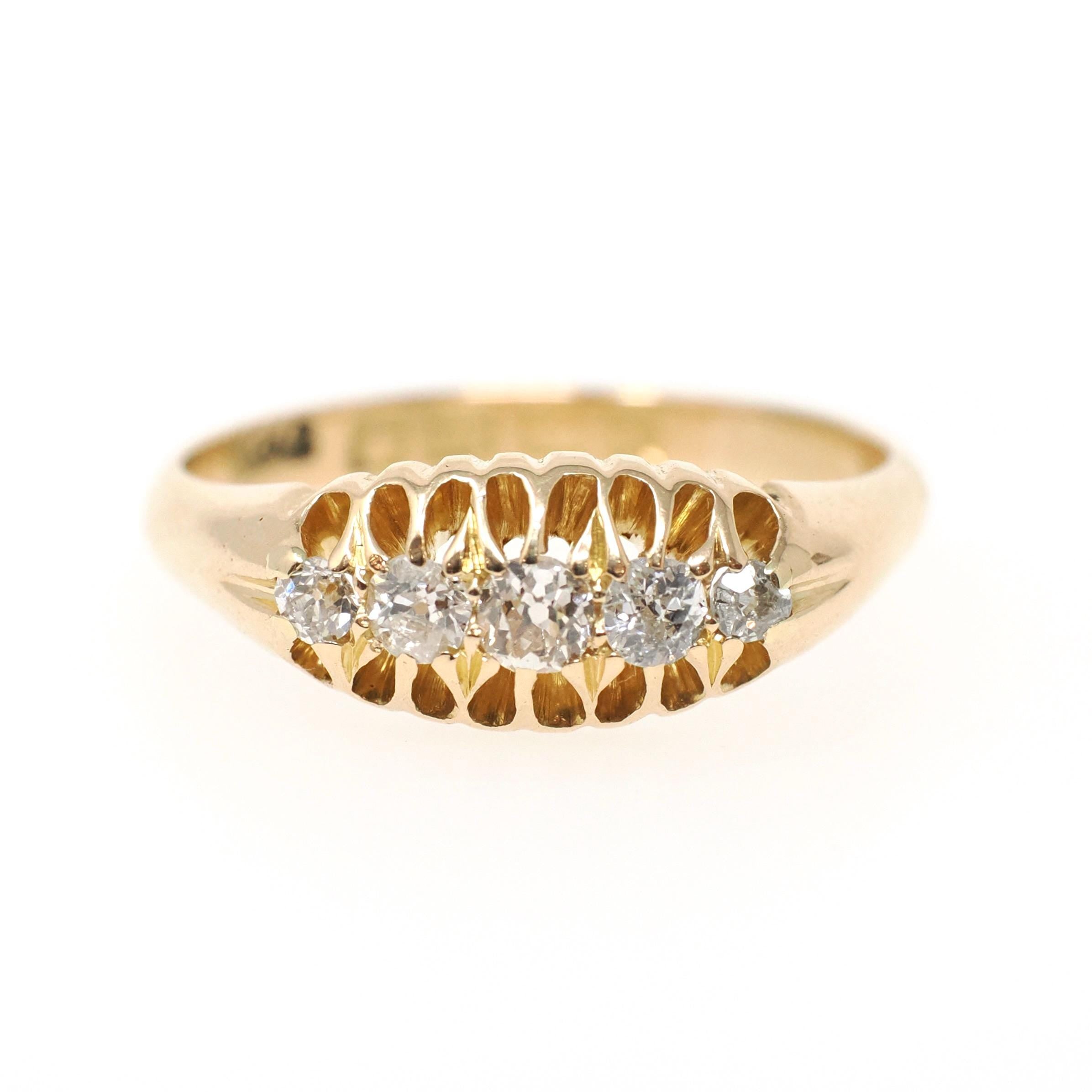 Antique Diamond Ring - Edwardian 18k Yellow Gold .33 CTW Natural Gem Wedding Band - Hallmarked 1909 Size 7.75 Fine Birmingham Bridal Jewelry
