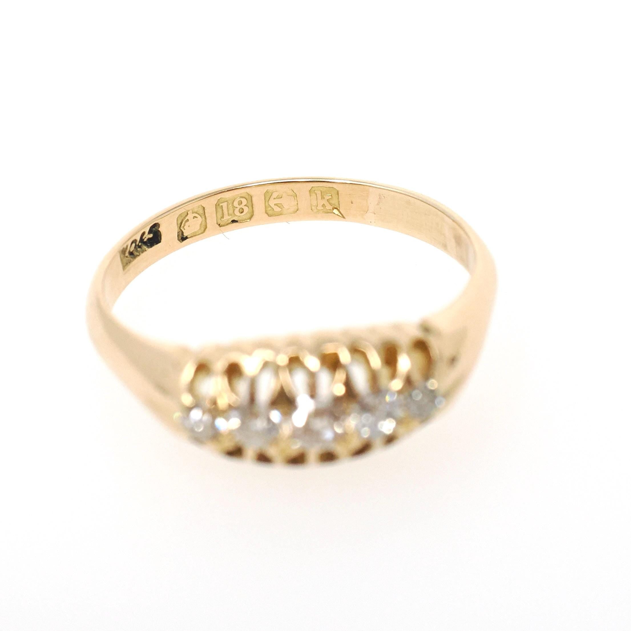 Antique Diamond Ring - Edwardian 18k Yellow Gold .33 CTW Natural Gem Wedding Band - Hallmarked 1909 Size 7.75 Fine Birmingham Bridal Jewelry