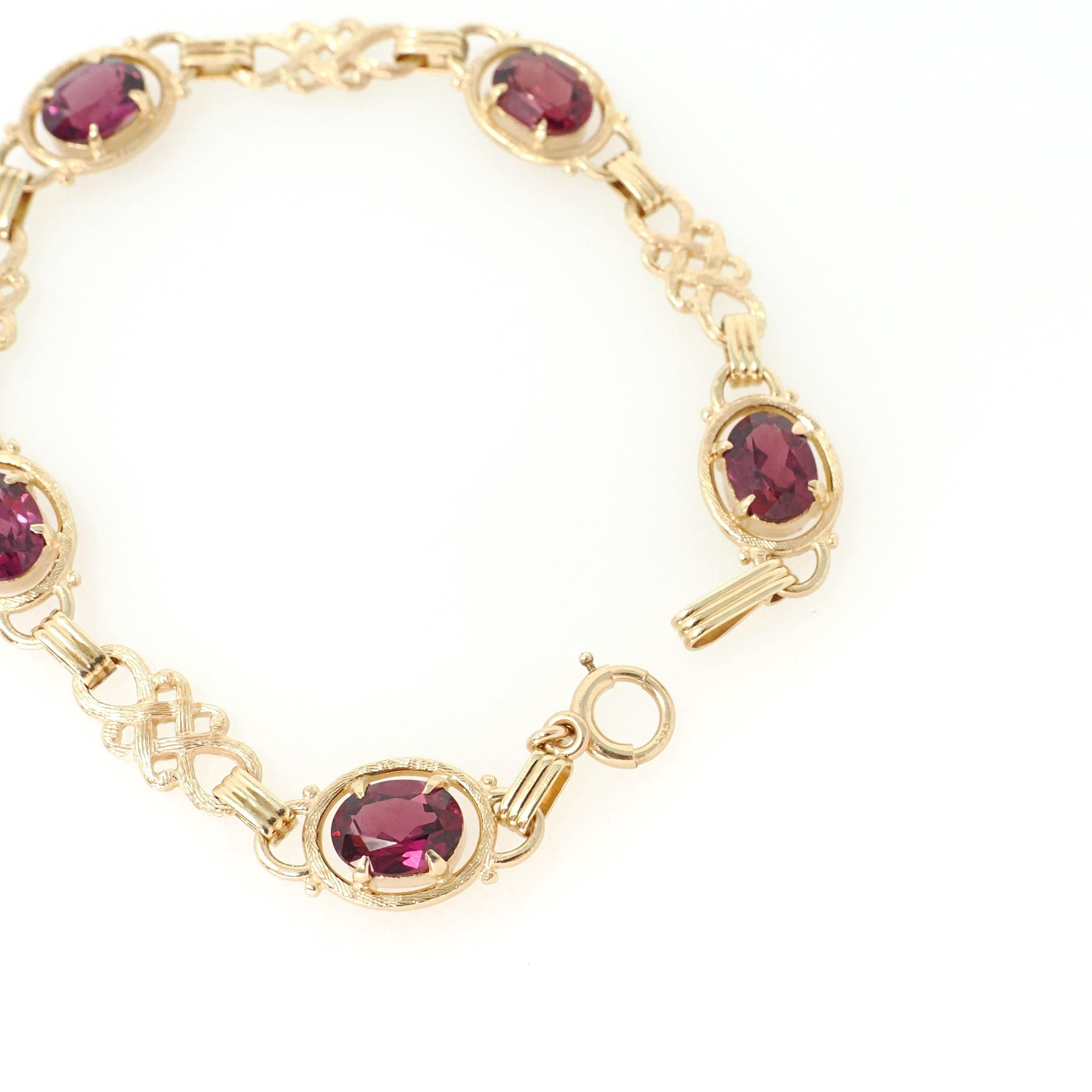 Rhodolite Garnet Bracelet - Modern Estate 14k Yellow Gold Purple Red Oval Faceted Natural Gemstones - Circa 2000s Era Love Knot Fine Jewelry
