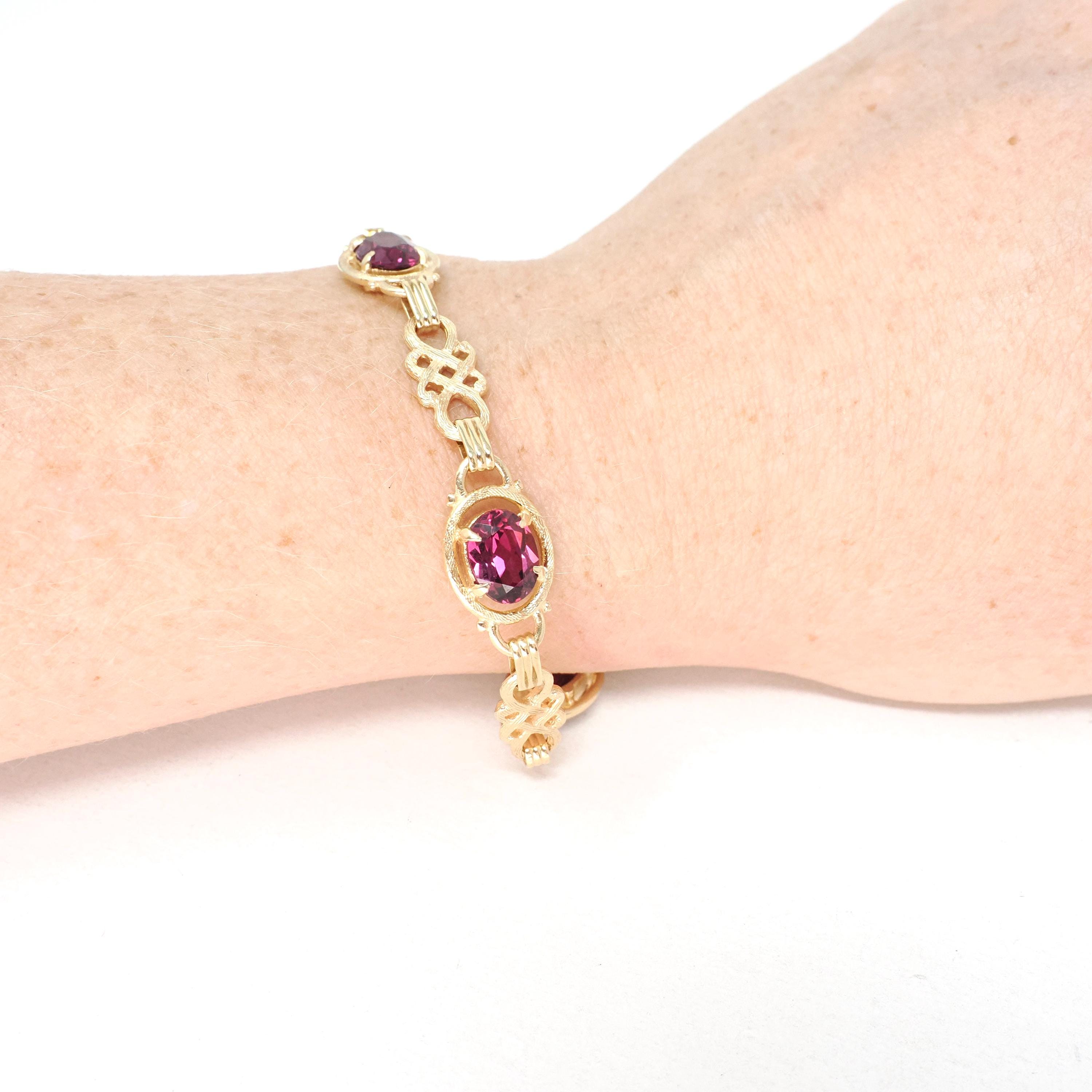 Rhodolite Garnet Bracelet - Modern Estate 14k Yellow Gold Purple Red Oval Faceted Natural Gemstones - Circa 2000s Era Love Knot Fine Jewelry