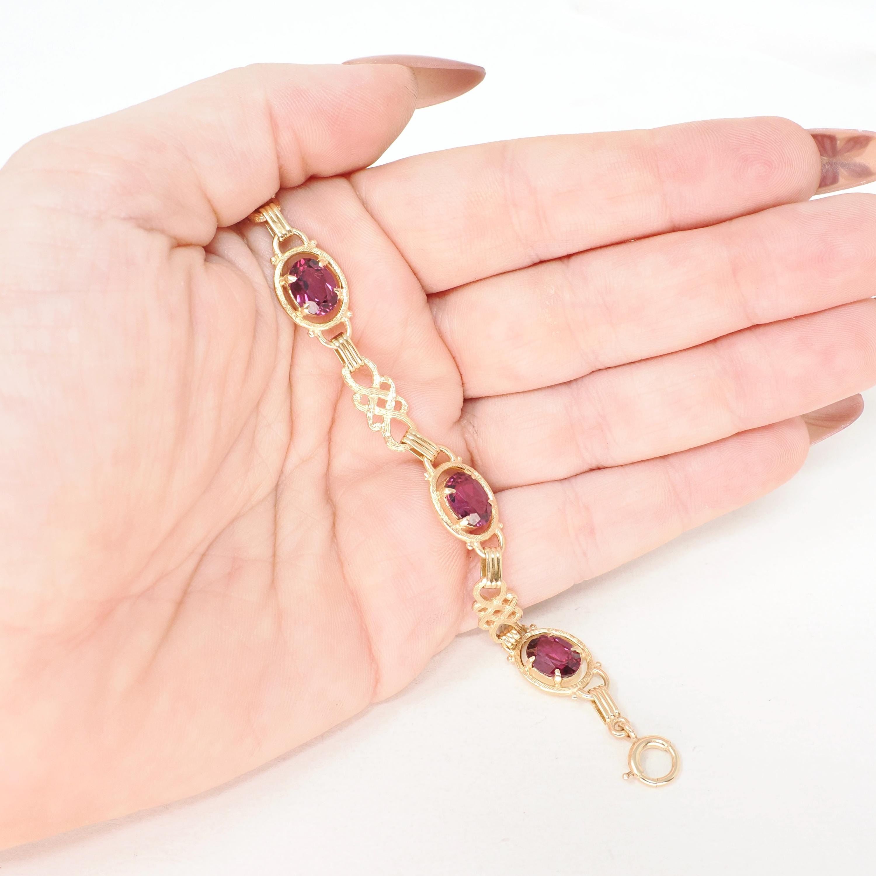 Rhodolite Garnet Bracelet - Modern Estate 14k Yellow Gold Purple Red Oval Faceted Natural Gemstones - Circa 2000s Era Love Knot Fine Jewelry