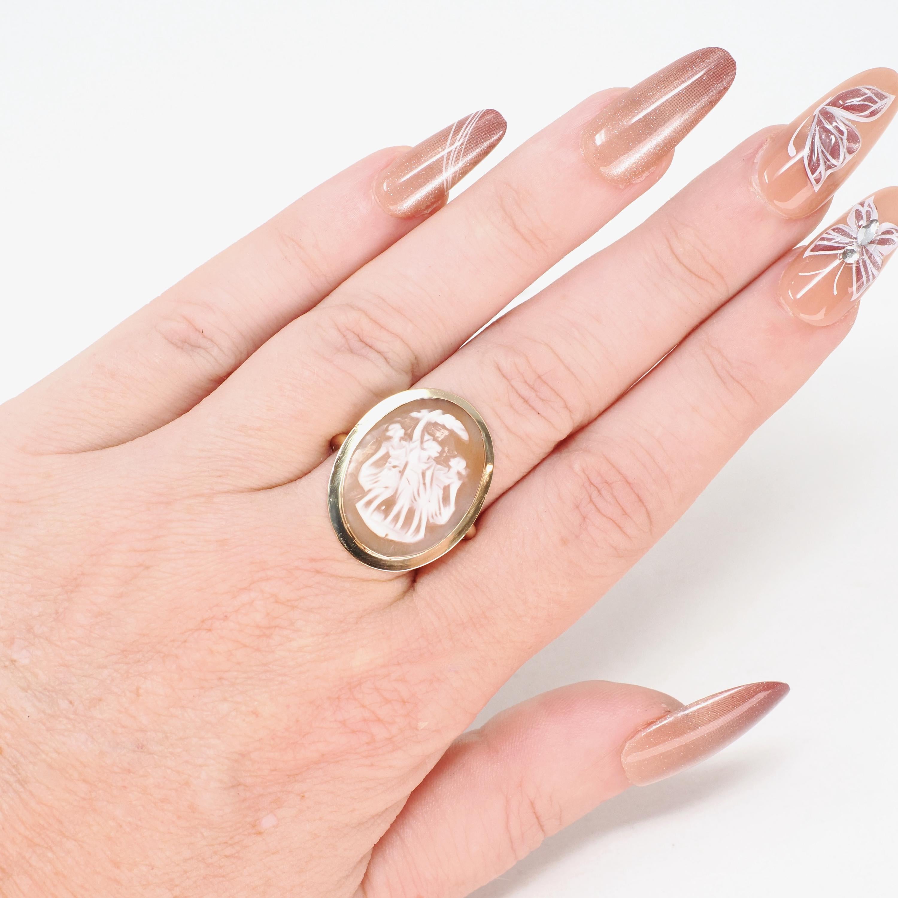 Vintage Three Graces Cameo Ring - Mid Century 18k Yellow Gold Carved Shell Greek Mythology Solitaire - Circa 1960s Size 6 3/4 Fine Jewelry