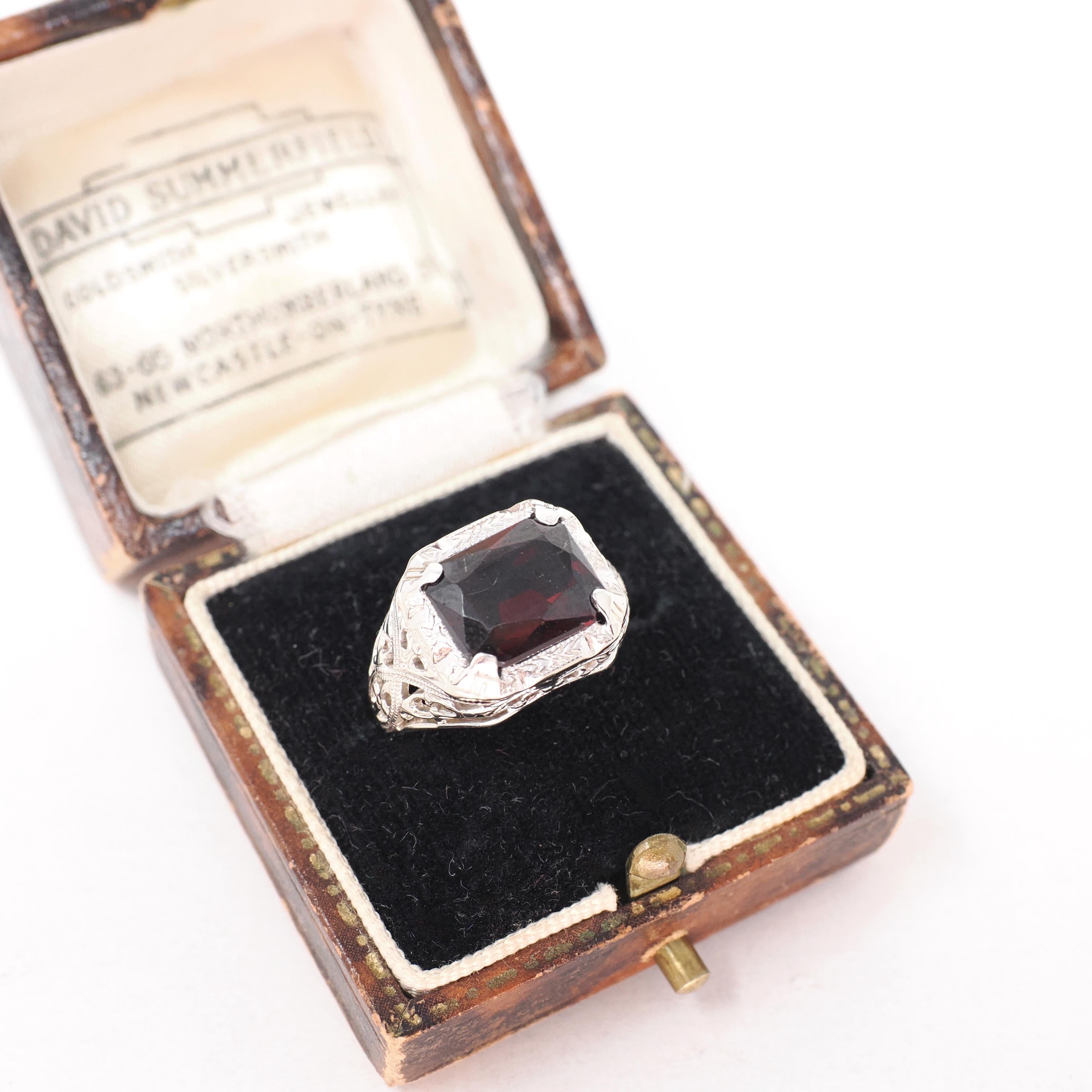Vintage Garnet Ring - Art Deco 14k White Gold Natural Red Gemstone - Circa 1930s Era Size 4 1/2 January Birthstone Filigree Fine Jewelry