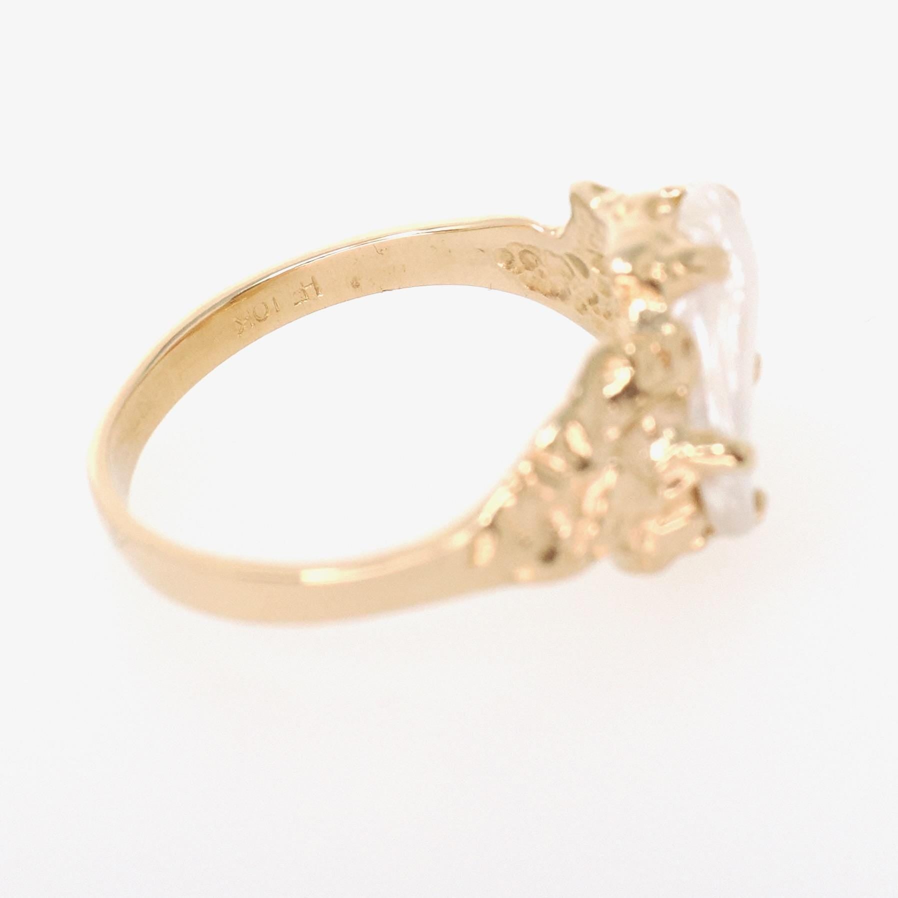Vintage Baroque Pearl Ring - Estate 10k Yellow Gold Organic White Gemstone Brutalist Textured Statement - Circa 1980s Size 6.25 Fine Jewelry