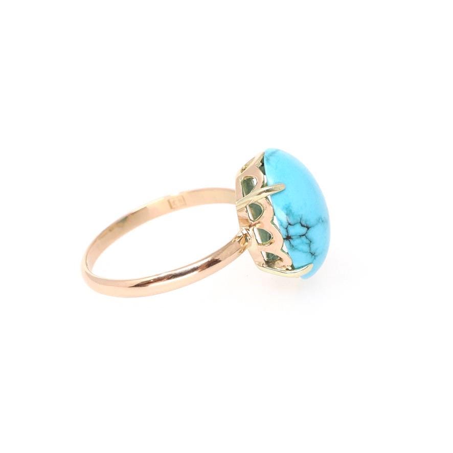 Vintage Turquoise Ring - Mid Century 14k Rosy Yellow Gold Blue Oval Cabochon Cut Gemstone Solitaire - Circa 1950s Size 6 3/4 Fine Jewelry