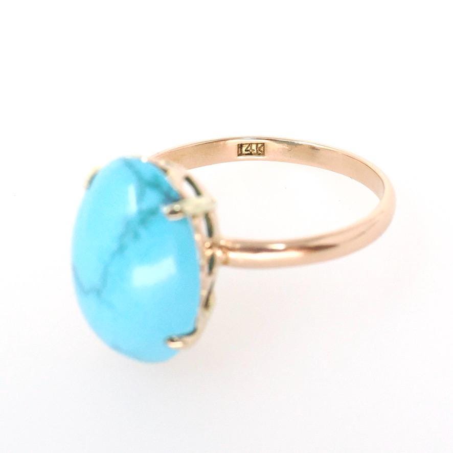 Vintage Turquoise Ring - Mid Century 14k Rosy Yellow Gold Blue Oval Cabochon Cut Gemstone Solitaire - Circa 1950s Size 6 3/4 Fine Jewelry