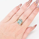 Art Deco Tri Tone Ring - Vintage 10k White Yellow Rose Gold Teal Blue Glass Filigree Statement - Circa 1930s Era Size 7 Flower Fine Jewelry