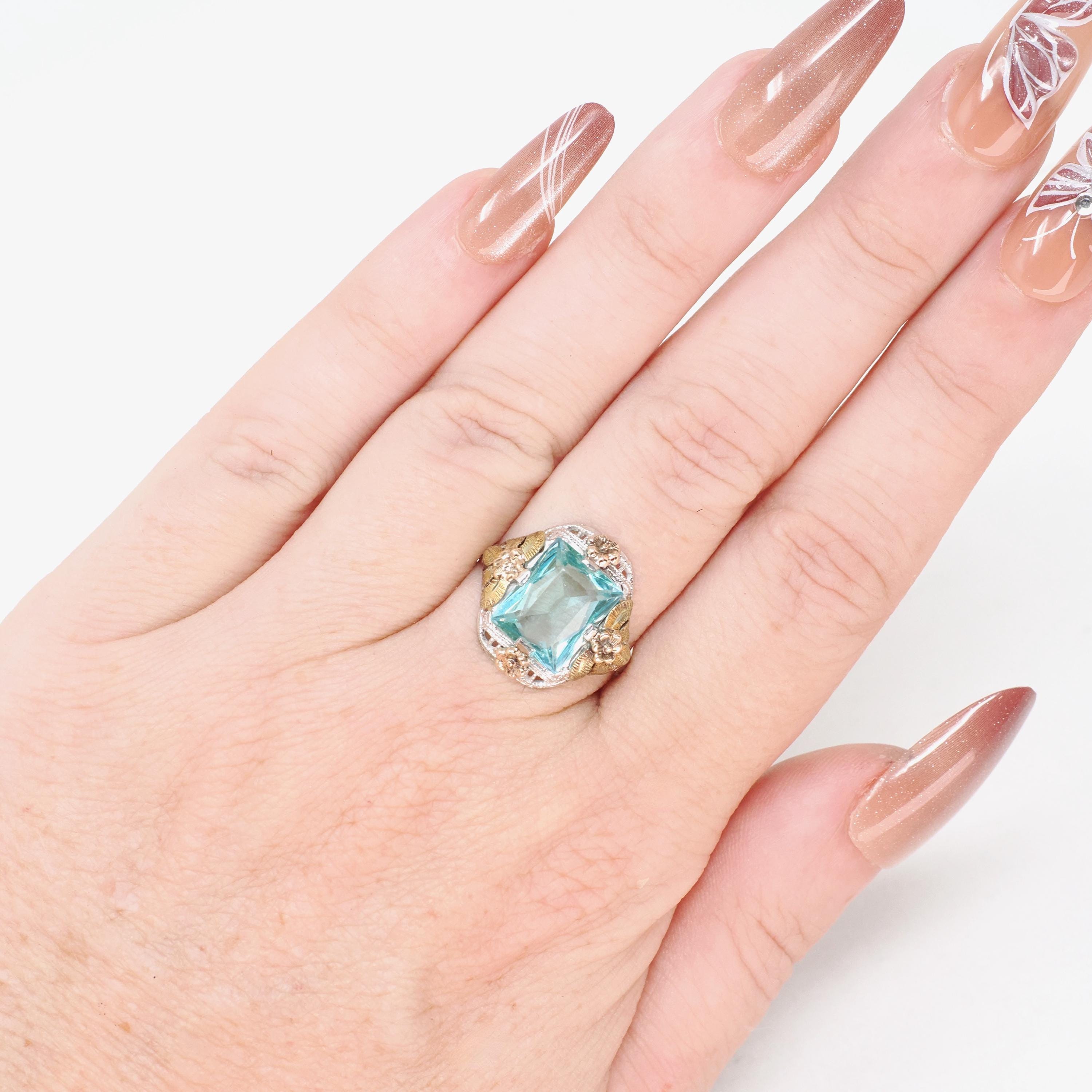 Art Deco Tri Tone Ring - Vintage 10k White Yellow Rose Gold Teal Blue Glass Filigree Statement - Circa 1930s Era Size 7 Flower Fine Jewelry