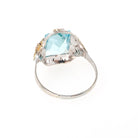 Art Deco Tri Tone Ring - Vintage 10k White Yellow Rose Gold Teal Blue Glass Filigree Statement - Circa 1930s Era Size 7 Flower Fine Jewelry