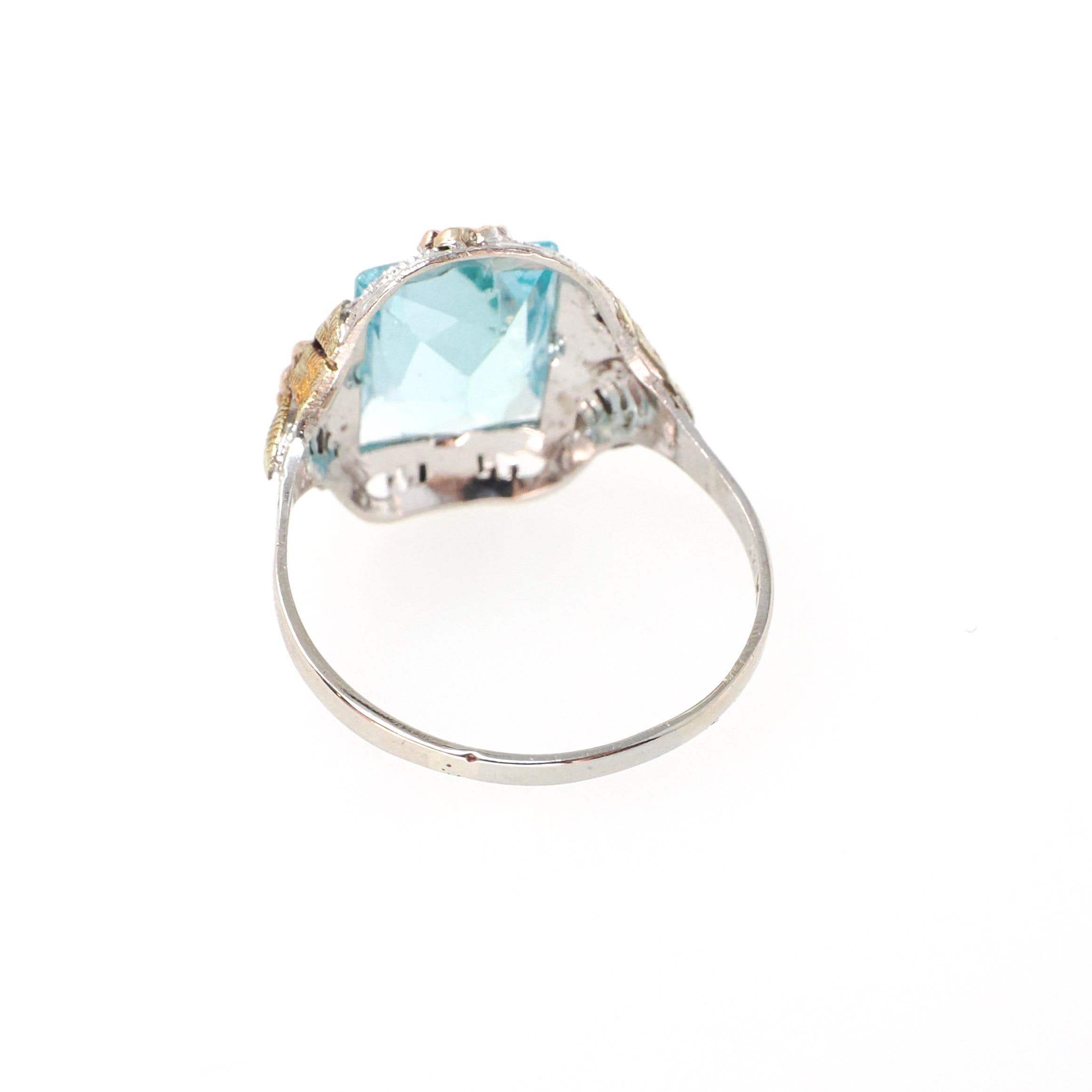 Art Deco Tri Tone Ring - Vintage 10k White Yellow Rose Gold Teal Blue Glass Filigree Statement - Circa 1930s Era Size 7 Flower Fine Jewelry