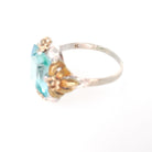 Art Deco Tri Tone Ring - Vintage 10k White Yellow Rose Gold Teal Blue Glass Filigree Statement - Circa 1930s Era Size 7 Flower Fine Jewelry