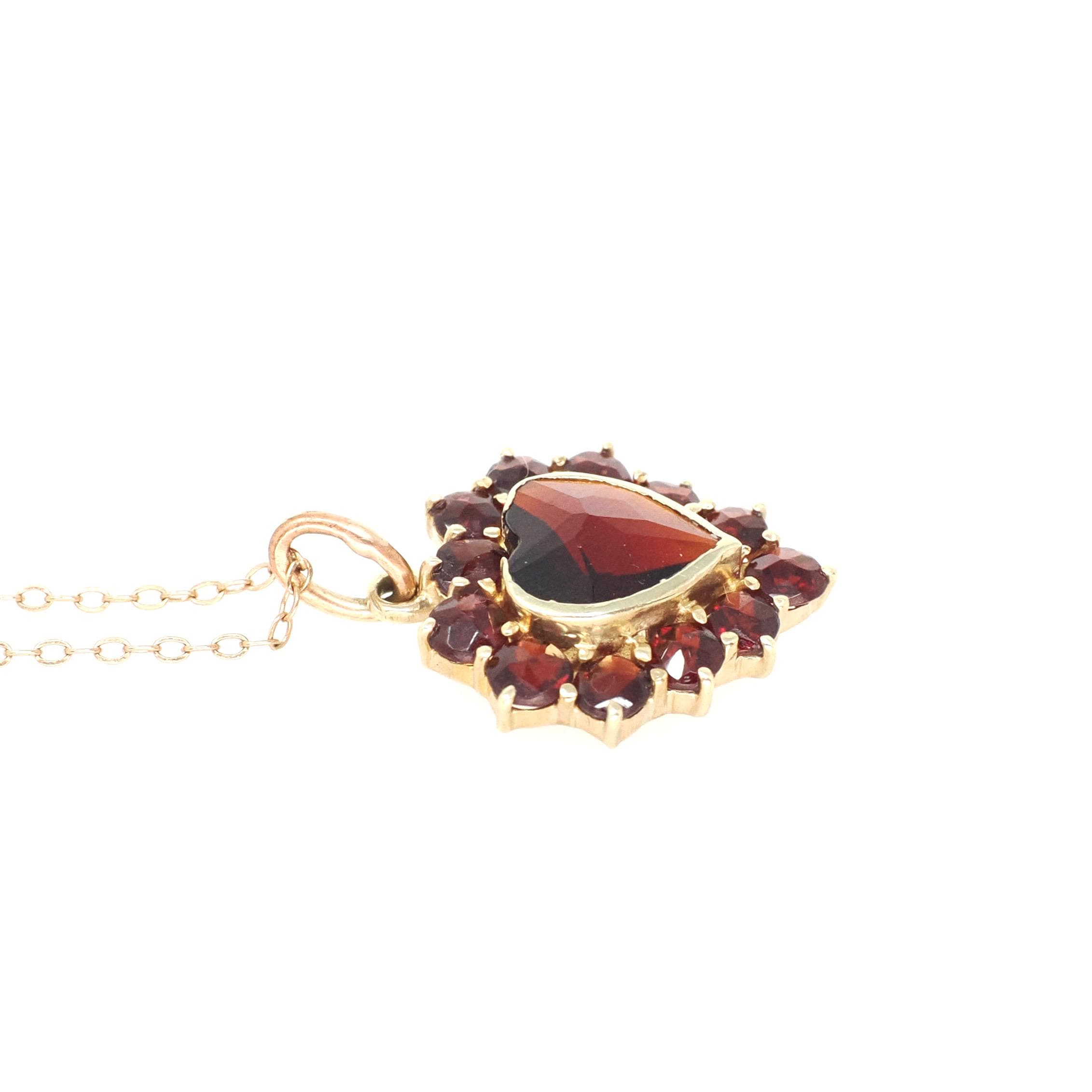 Garnet Heart Necklace - Vintage 10k Yellow Gold Red Gemstone Cluster Halo Pendant - Mid Century Circa 1940s January Birthstone Fine Jewelry