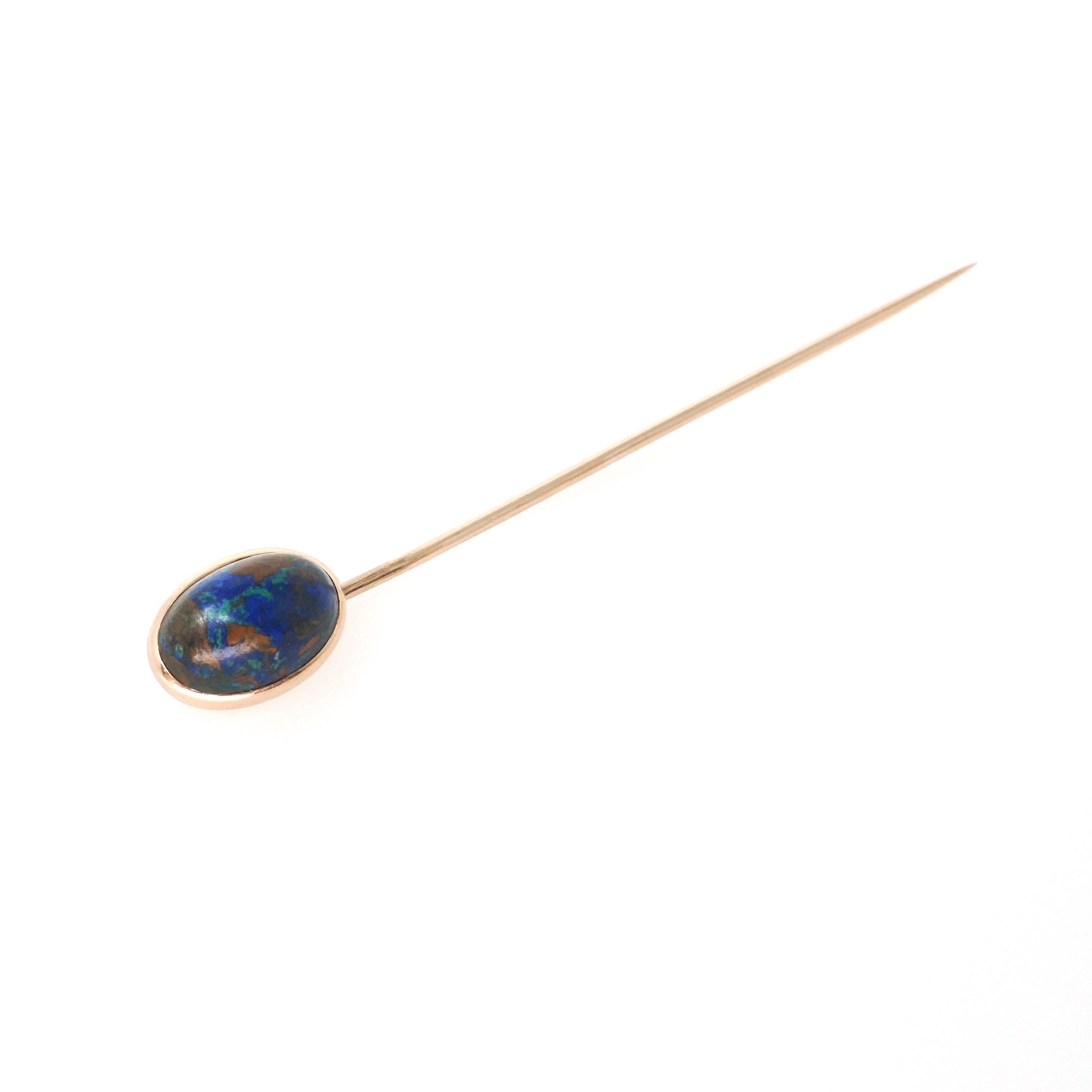 Antique Stick Pin - Victorian 14k Rosy Yellow Gold Natural Azurmalachite Gemstone Lapel Cravat Brooch - Circa 1890s Fine Statement Jewelry