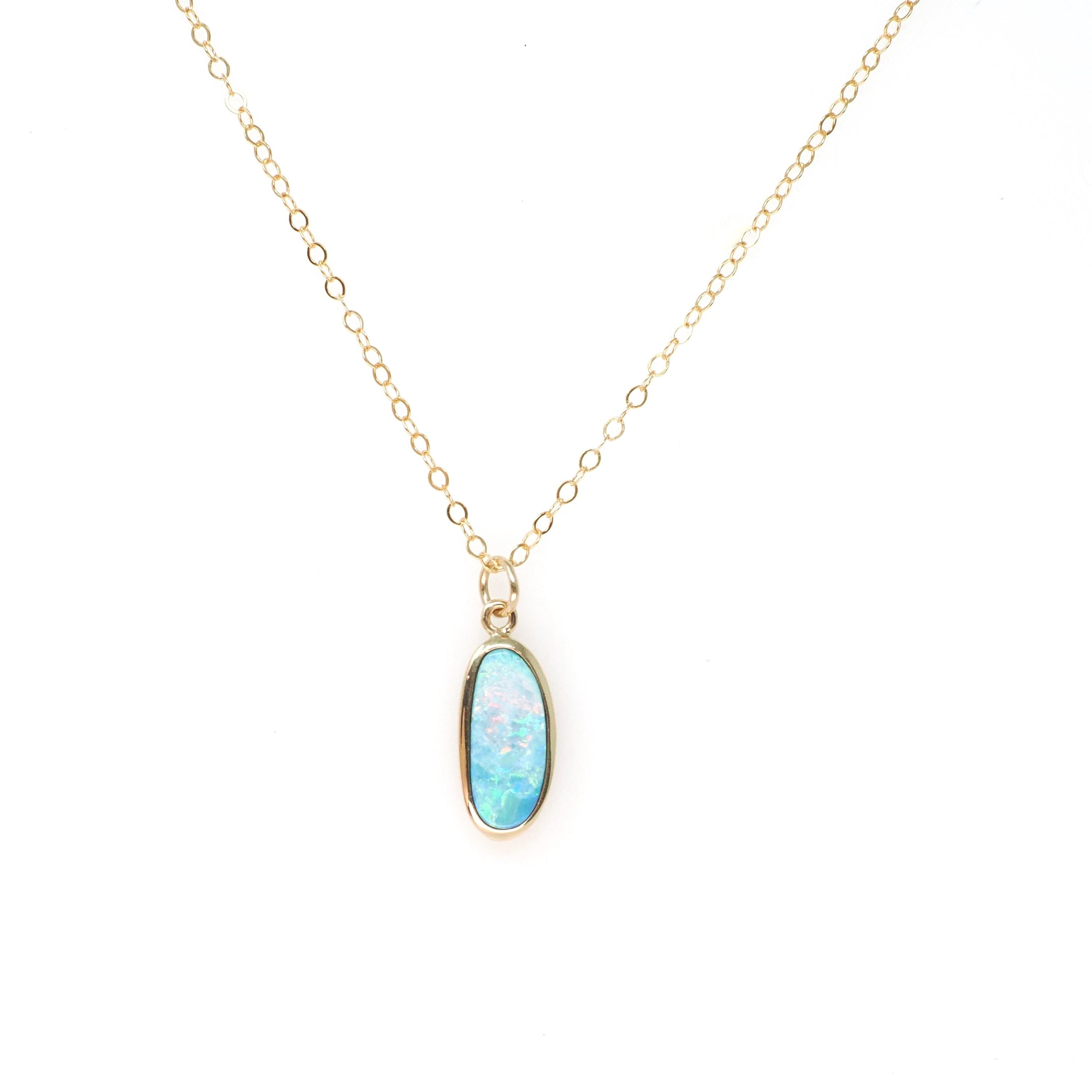 Modern Opal Pendant Necklace - Estate 14k Yellow Gold Iridescent Gemstone Bezel Charm - Circa 2000's Era October Birthstone Fine Jewelry