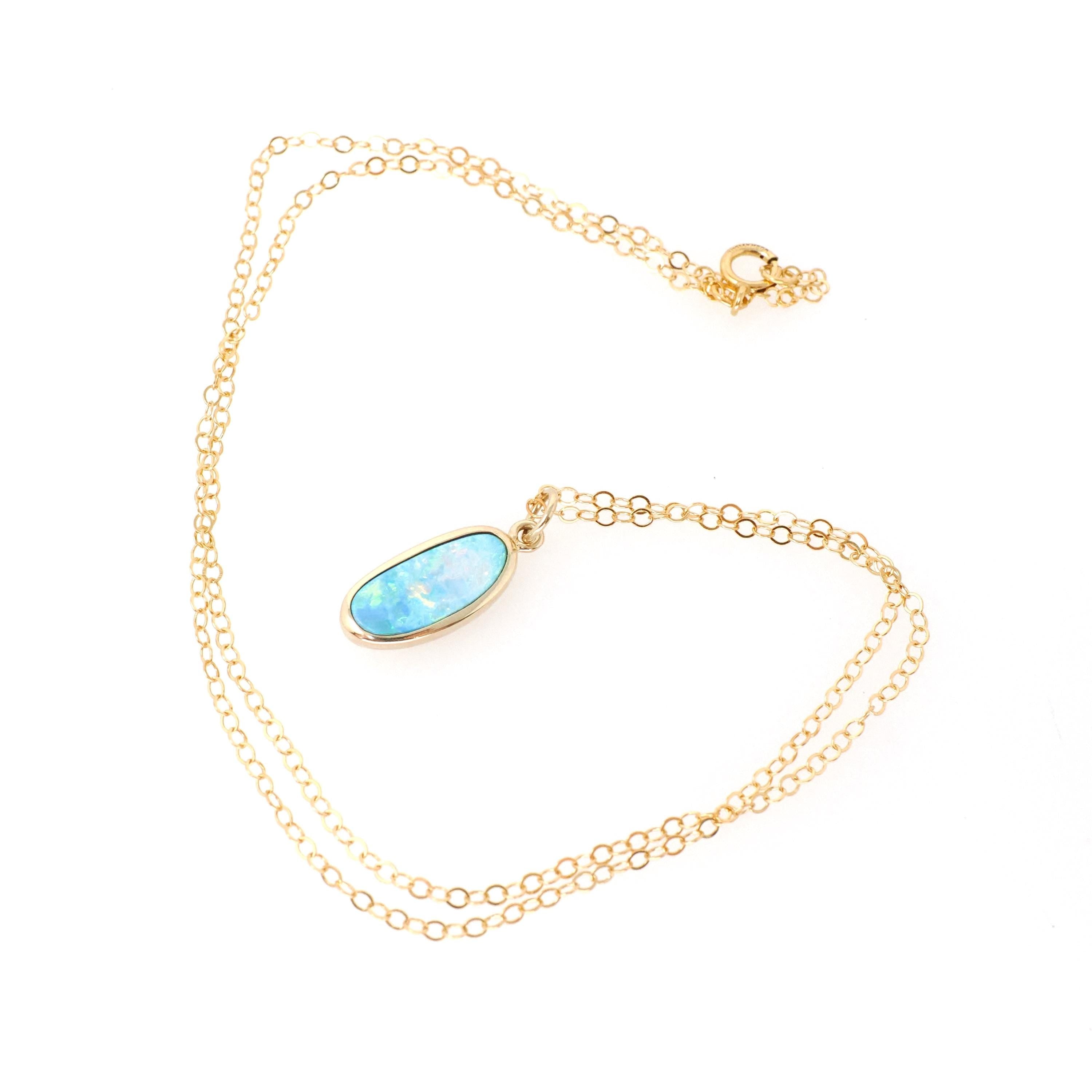 Modern Opal Pendant Necklace - Estate 14k Yellow Gold Iridescent Gemstone Bezel Charm - Circa 2000's Era October Birthstone Fine Jewelry