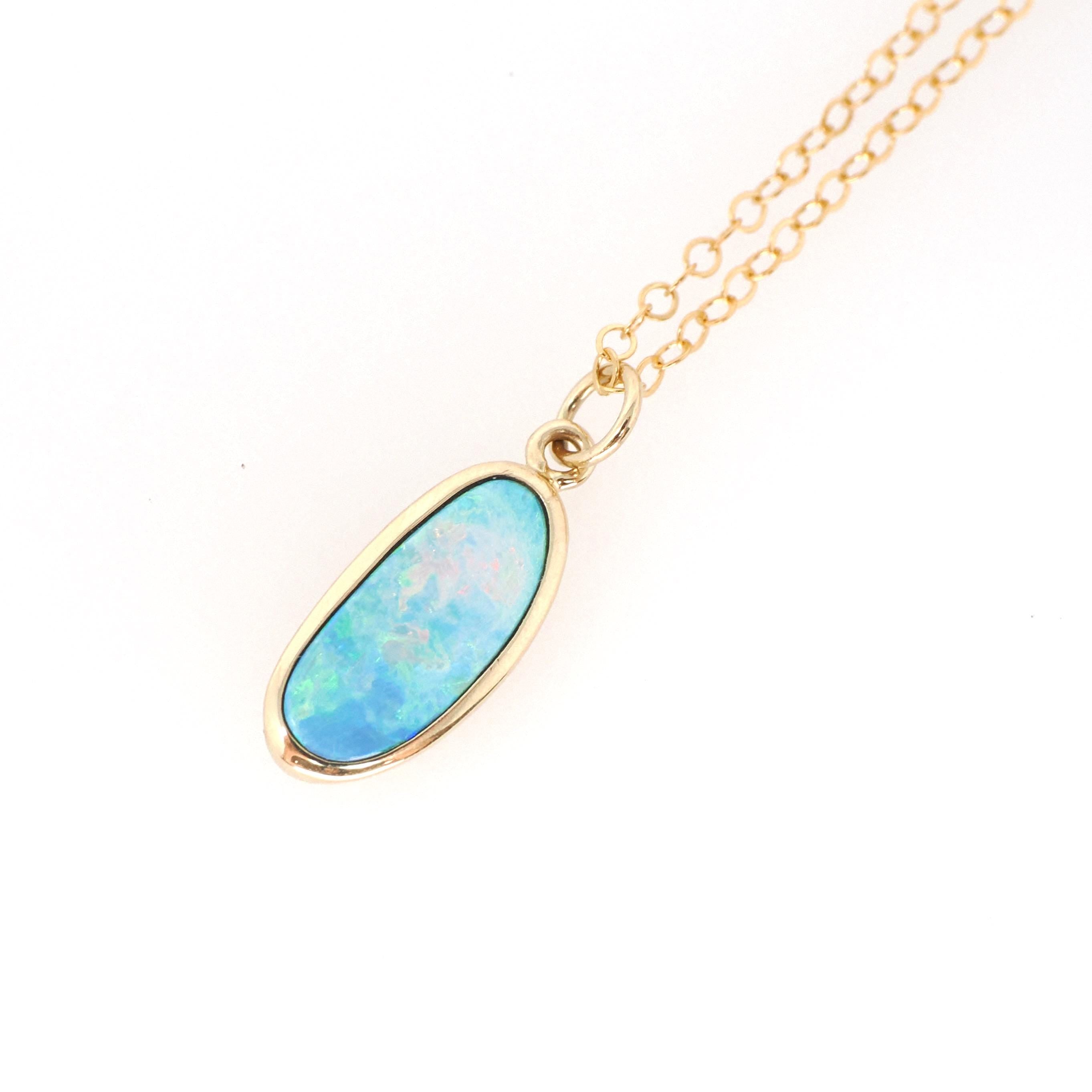 Modern Opal Pendant Necklace - Estate 14k Yellow Gold Iridescent Gemstone Bezel Charm - Circa 2000's Era October Birthstone Fine Jewelry