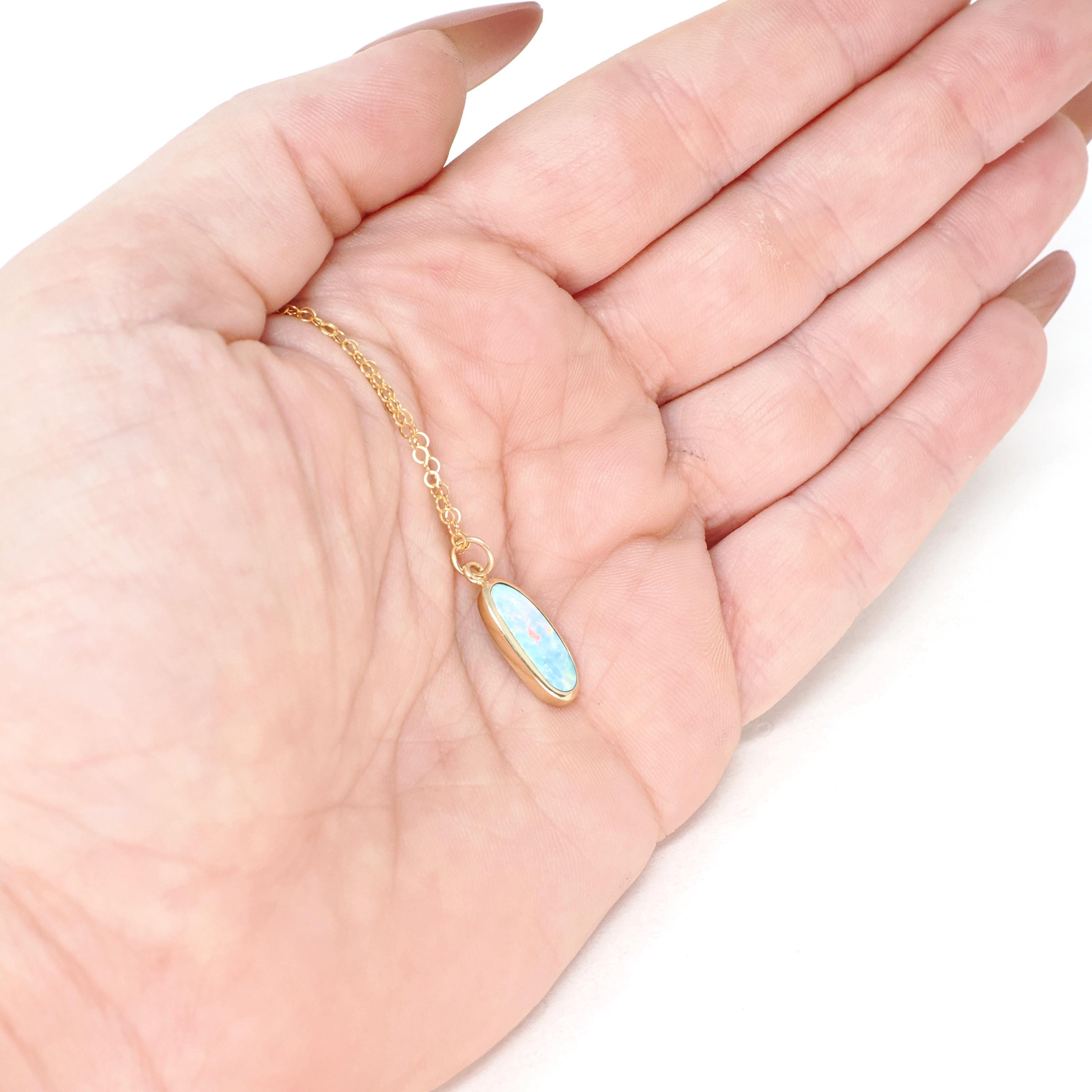 Modern Opal Pendant Necklace - Estate 14k Yellow Gold Iridescent Gemstone Bezel Charm - Circa 2000's Era October Birthstone Fine Jewelry