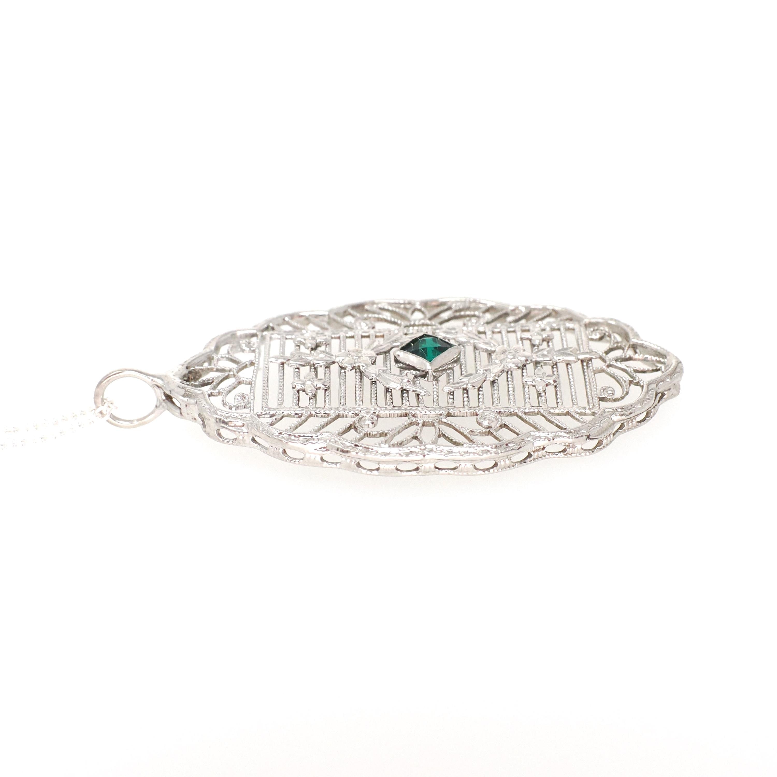Art Deco Pendant Necklace - Antique 10k White Gold Simulated Emerald Green Glass Conversion - Circa 1920s Statement Filigree Fine Jewelry