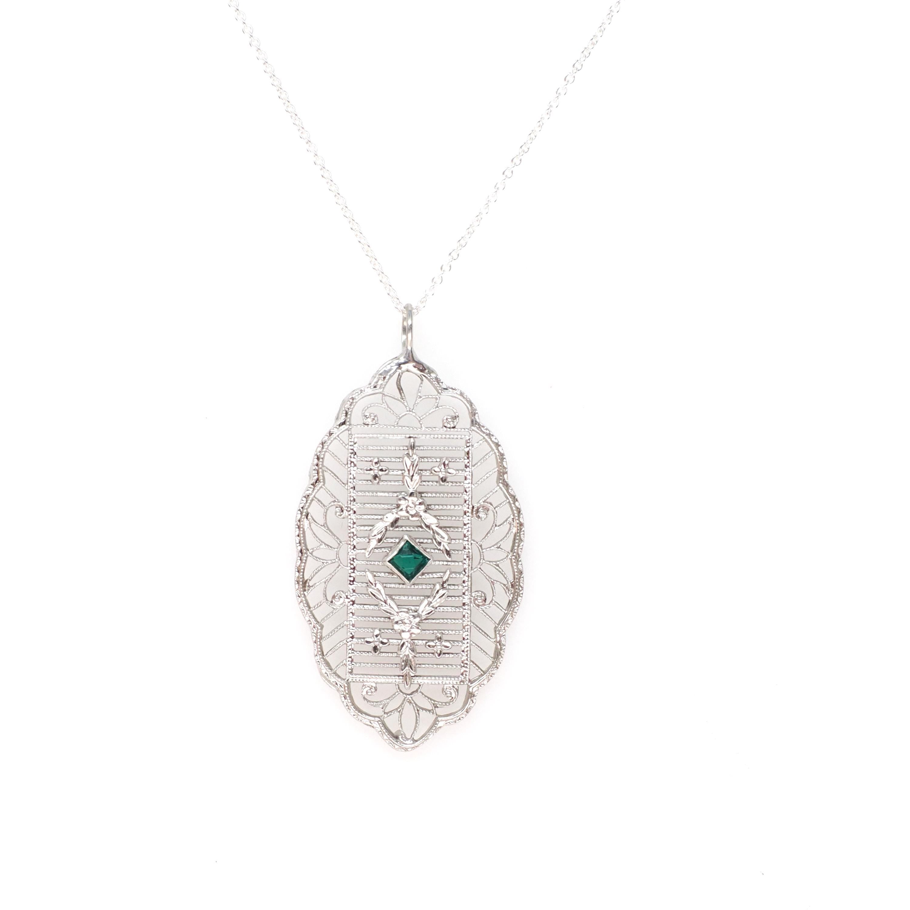Art Deco Pendant Necklace - Antique 10k White Gold Simulated Emerald Green Glass Conversion - Circa 1920s Statement Filigree Fine Jewelry