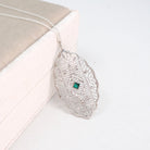 Art Deco Pendant Necklace - Antique 10k White Gold Simulated Emerald Green Glass Conversion - Circa 1920s Statement Filigree Fine Jewelry
