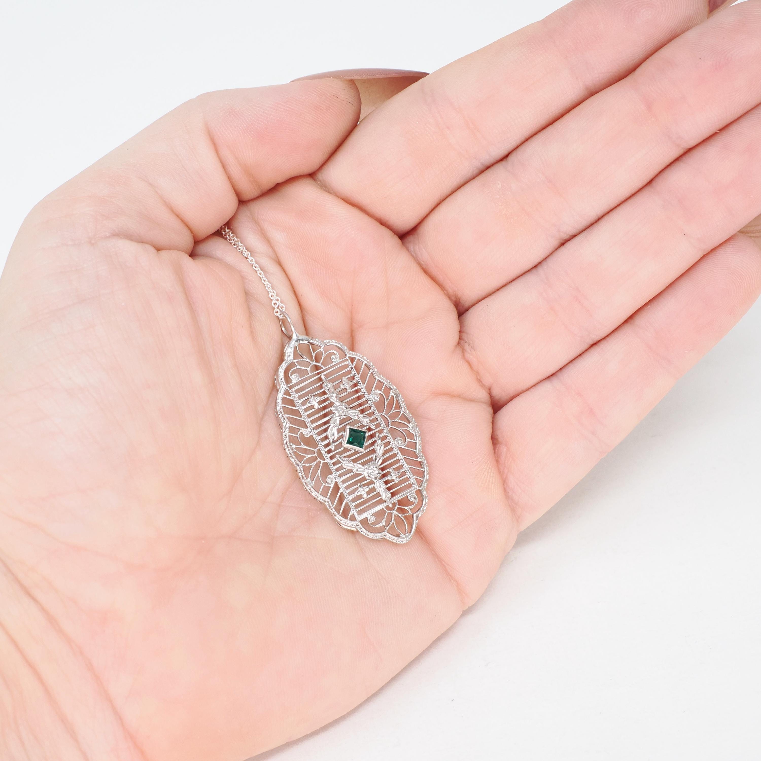 Art Deco Pendant Necklace - Antique 10k White Gold Simulated Emerald Green Glass Conversion - Circa 1920s Statement Filigree Fine Jewelry