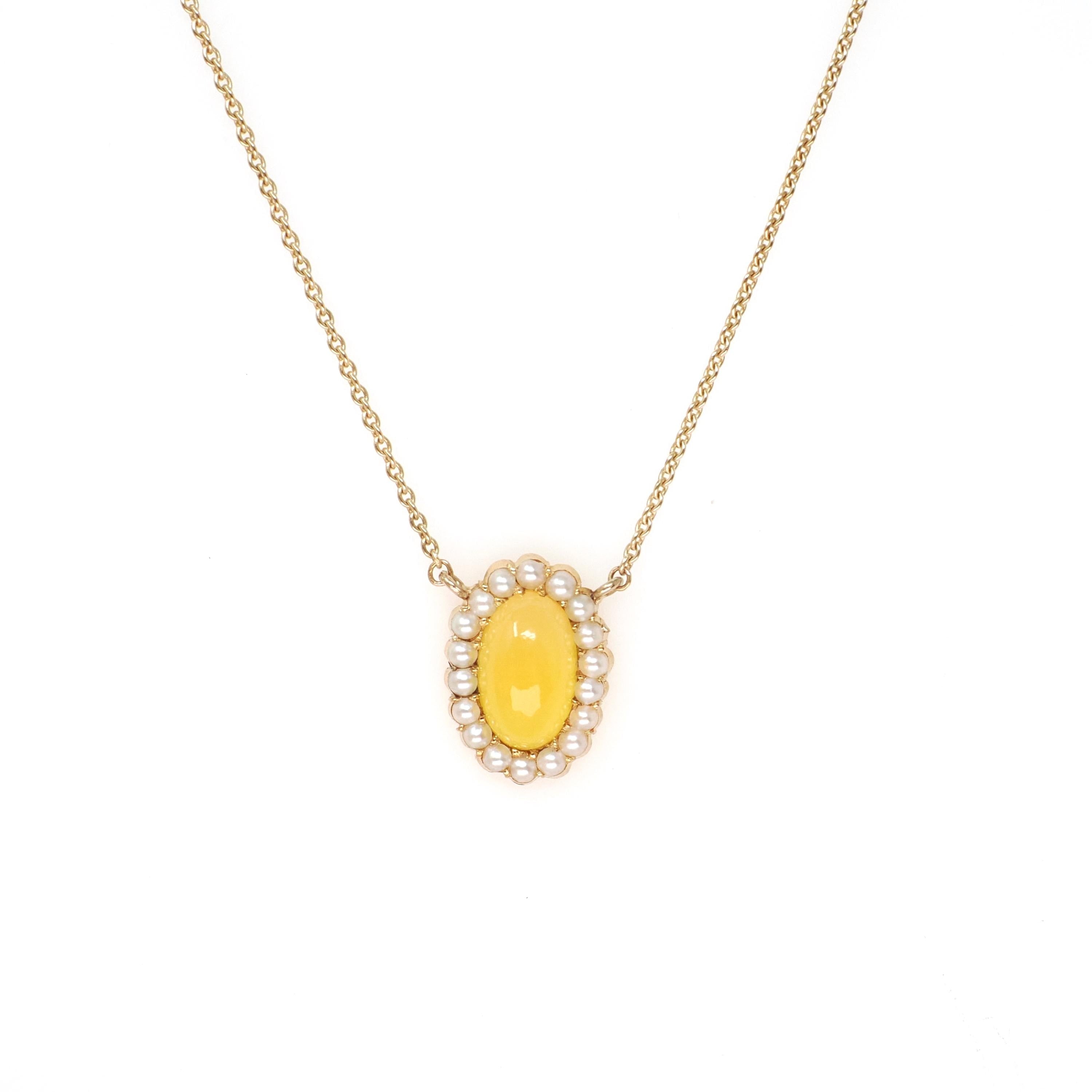 Edwardian Era Necklace - Antique 9k & 18k Yellow Gold Yellow Glass Cabochon Seed Pearl Halo - Circa 1910s Dainty Fine Conversion Jewelry