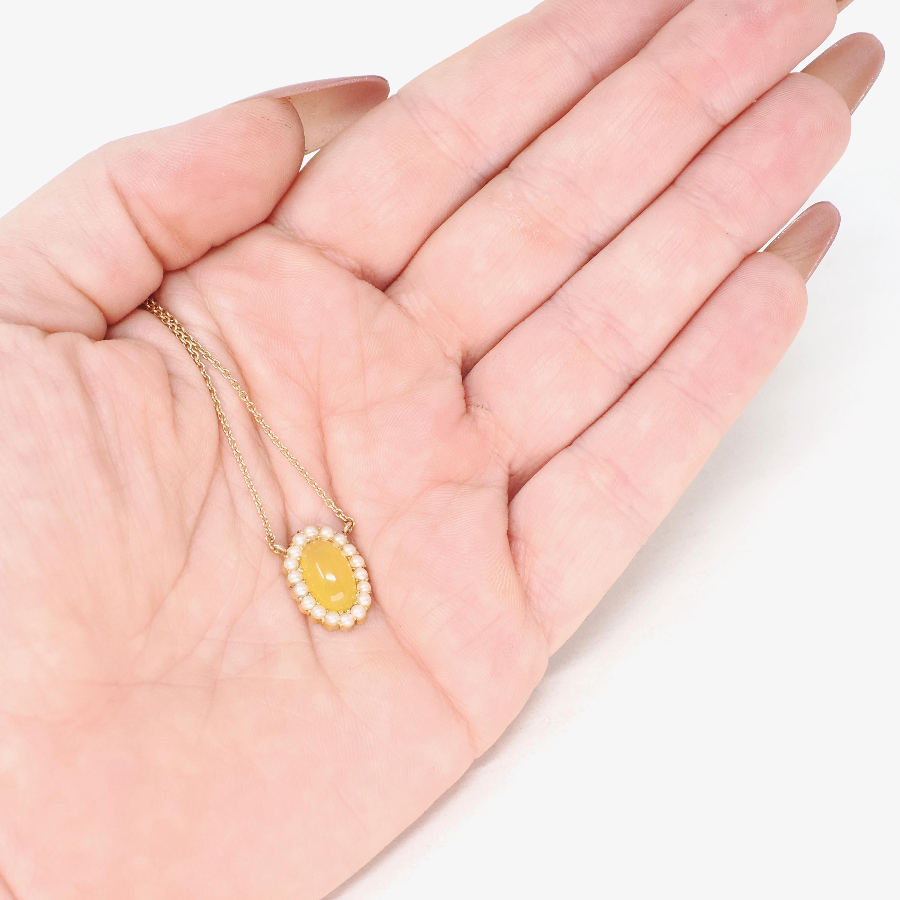 Edwardian Era Necklace - Antique 9k & 18k Yellow Gold Yellow Glass Cabochon Seed Pearl Halo - Circa 1910s Dainty Fine Conversion Jewelry