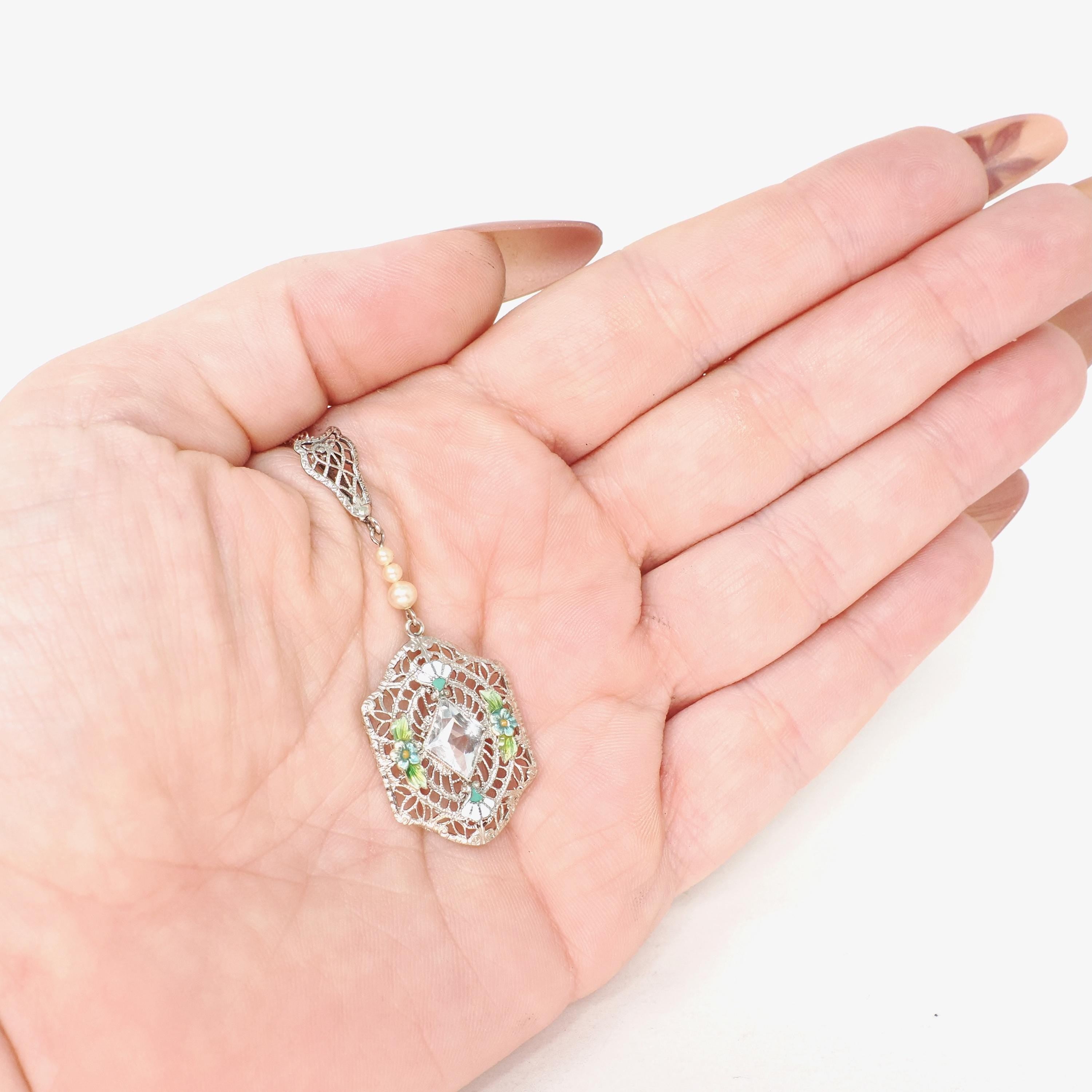 Art Deco Aquamarine Lavalier - Vintage 14k White Gold Filigree Natural Blue Gemstone Flower Enamel Simulated Pearls - Circa 1920s Jewelry