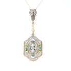 Art Deco Aquamarine Lavalier - Vintage 14k White Gold Filigree Natural Blue Gemstone Flower Enamel Simulated Pearls - Circa 1920s Jewelry