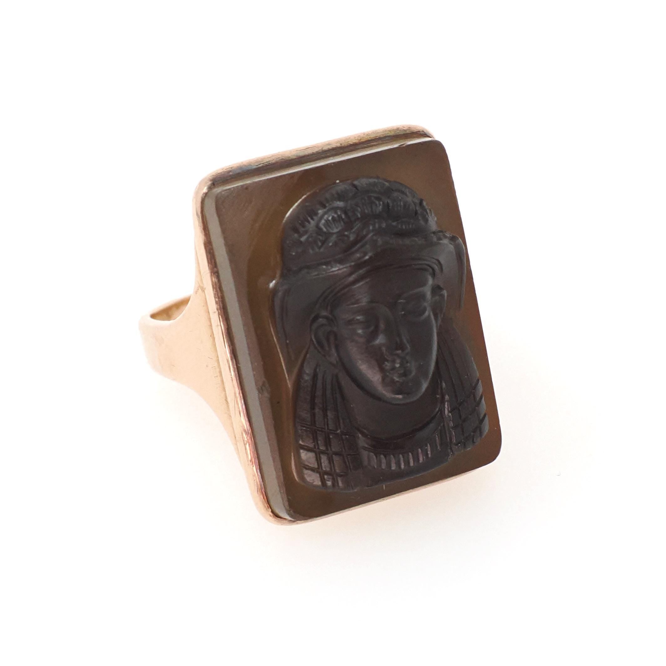 Victorian Cameo Ring - Antique 14k Rose Gold Egyptian Figure Carved Brown Black Agate - Circa 1890s Era Size 11 Fine Unisex Revival Jewelry