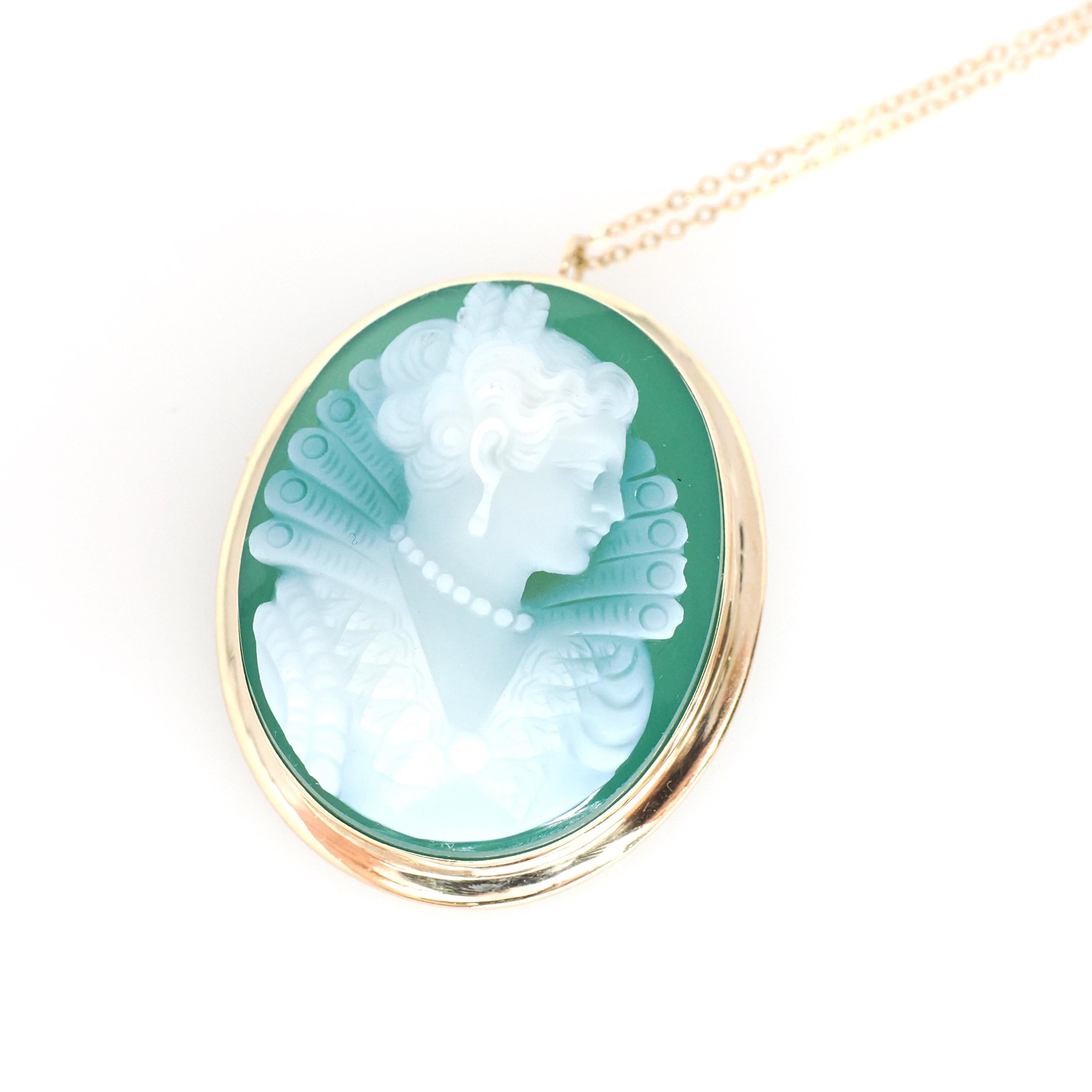 Green Agate Cameo Necklace - Vintage 14k Yellow Gold Chalcedony Gemstone Brooch Pendant - Circa 1960s Renaissance Revival Statement Jewelry