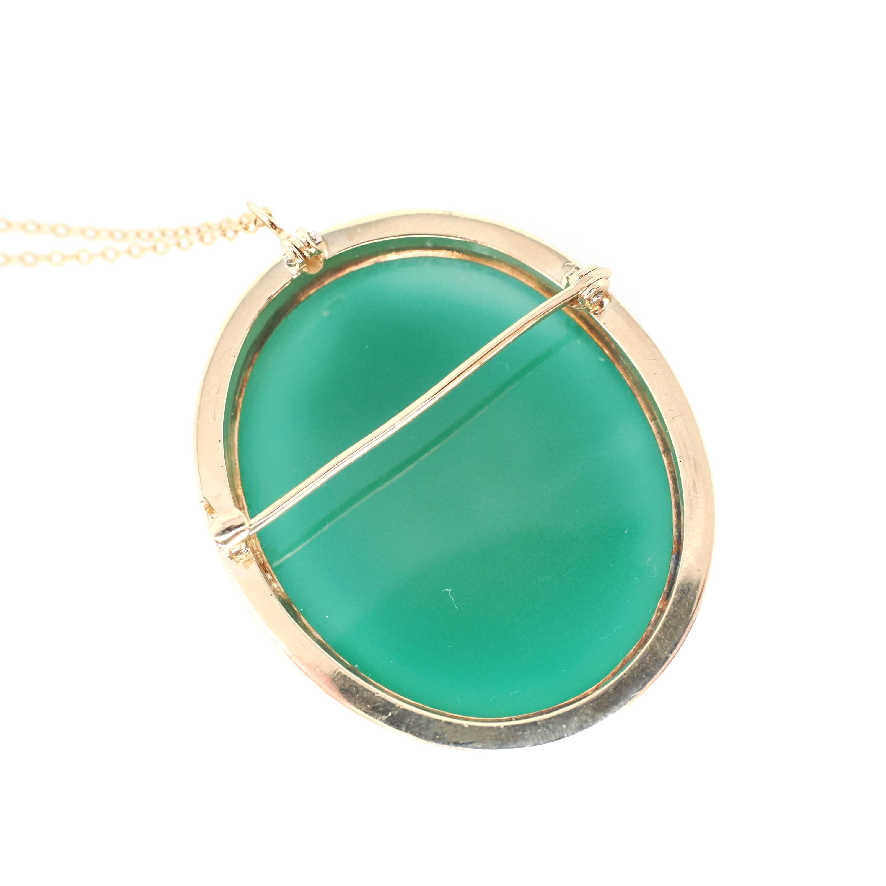 Green Agate Cameo Necklace - Vintage 14k Yellow Gold Chalcedony Gemstone Brooch Pendant - Circa 1960s Renaissance Revival Statement Jewelry