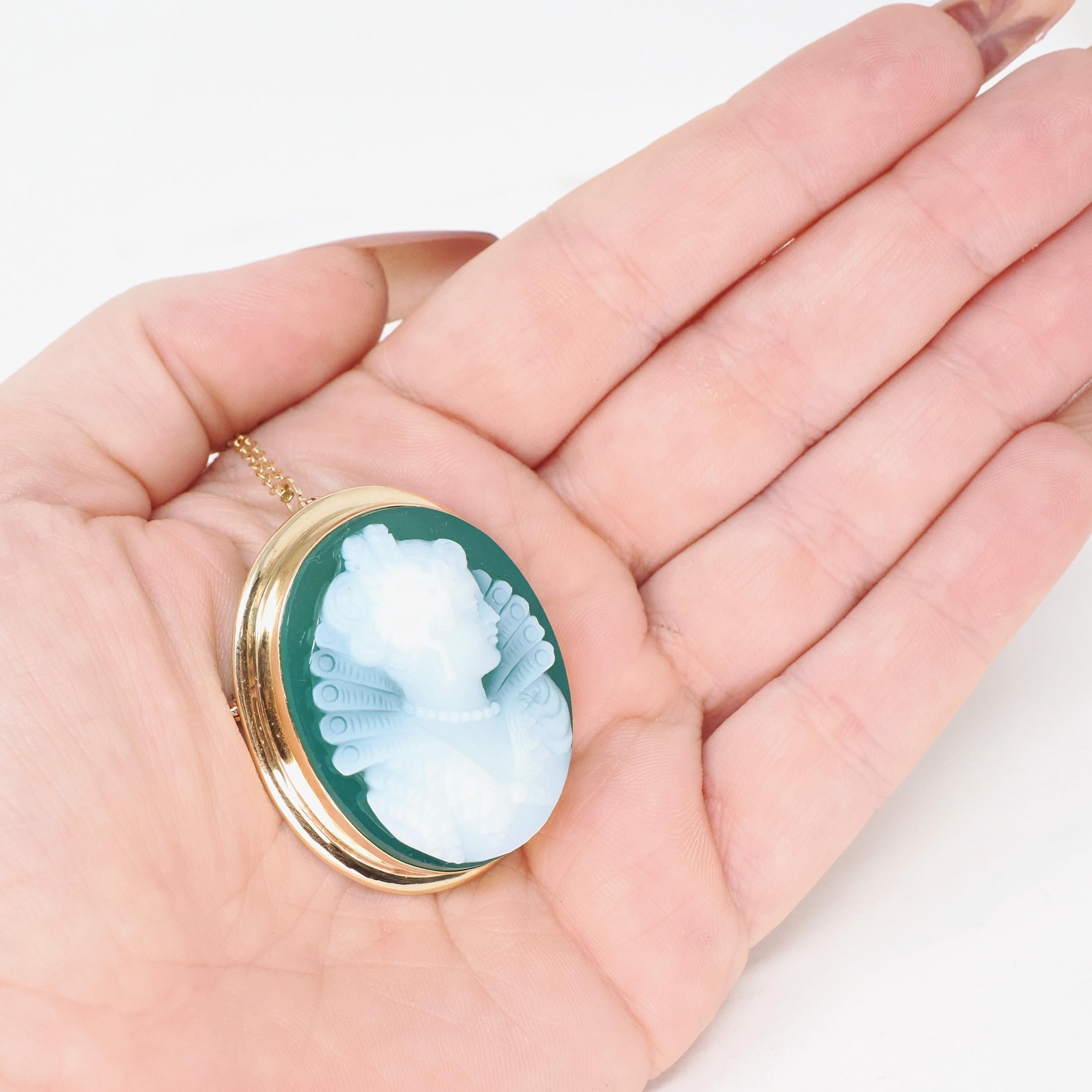 Green Agate Cameo Necklace - Vintage 14k Yellow Gold Chalcedony Gemstone Brooch Pendant - Circa 1960s Renaissance Revival Statement Jewelry
