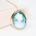 Green Agate Cameo Necklace - Vintage 14k Yellow Gold Chalcedony Gemstone Brooch Pendant - Circa 1960s Renaissance Revival Statement Jewelry