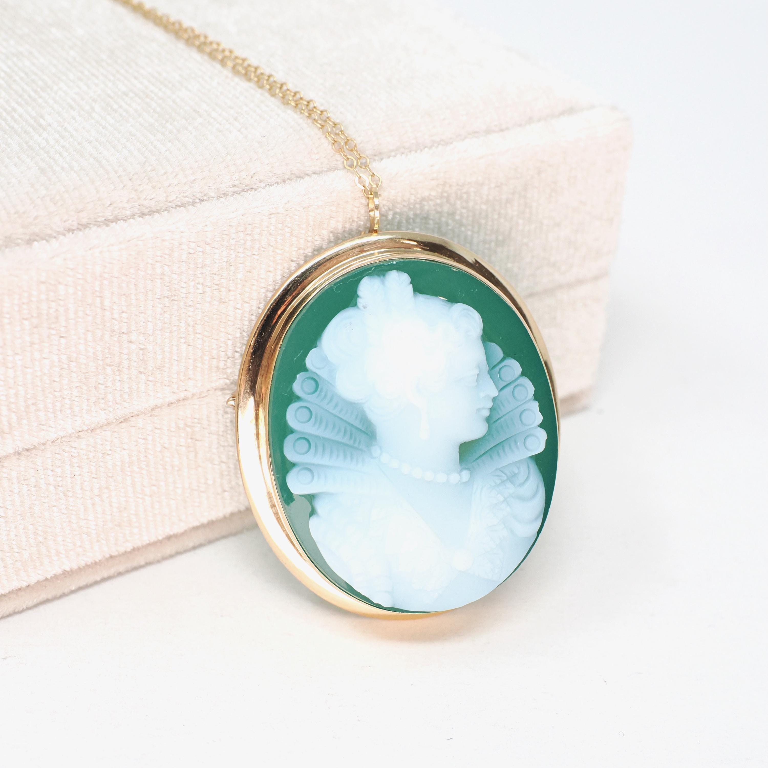 Green Agate Cameo Necklace - Vintage 14k Yellow Gold Chalcedony Gemstone Brooch Pendant - Circa 1960s Renaissance Revival Statement Jewelry