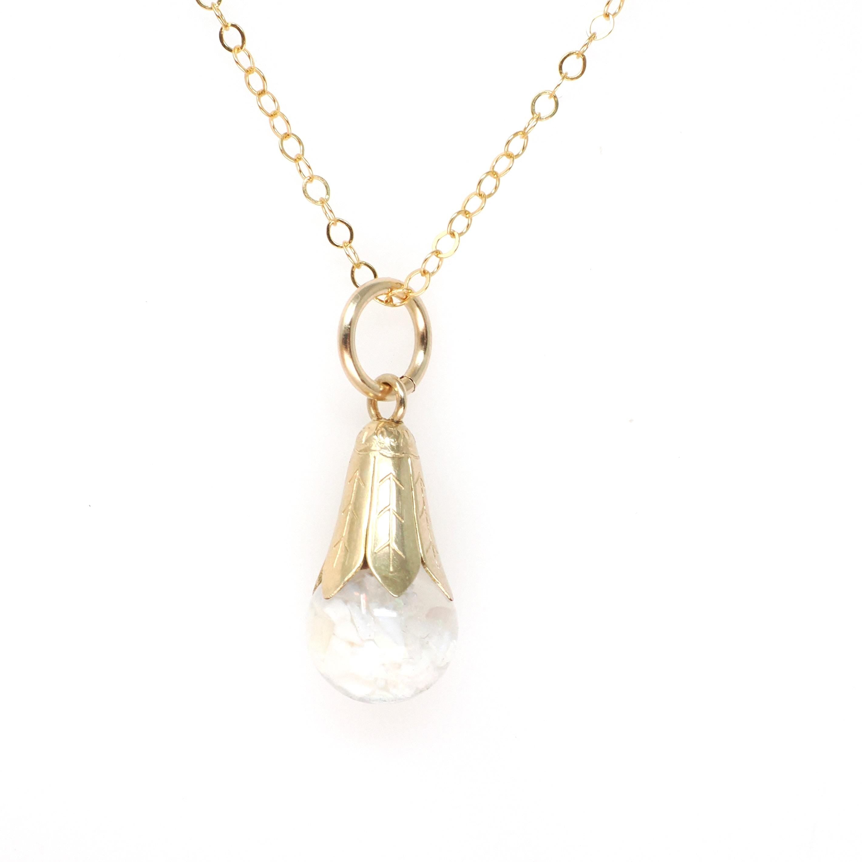 Floating Opal Pendant - Mid Century Gold Filled Natural Gemstone Chips Sphere Orb - Vintage Circa 1960s Liquid Teardrop Vessel Charm Jewelry