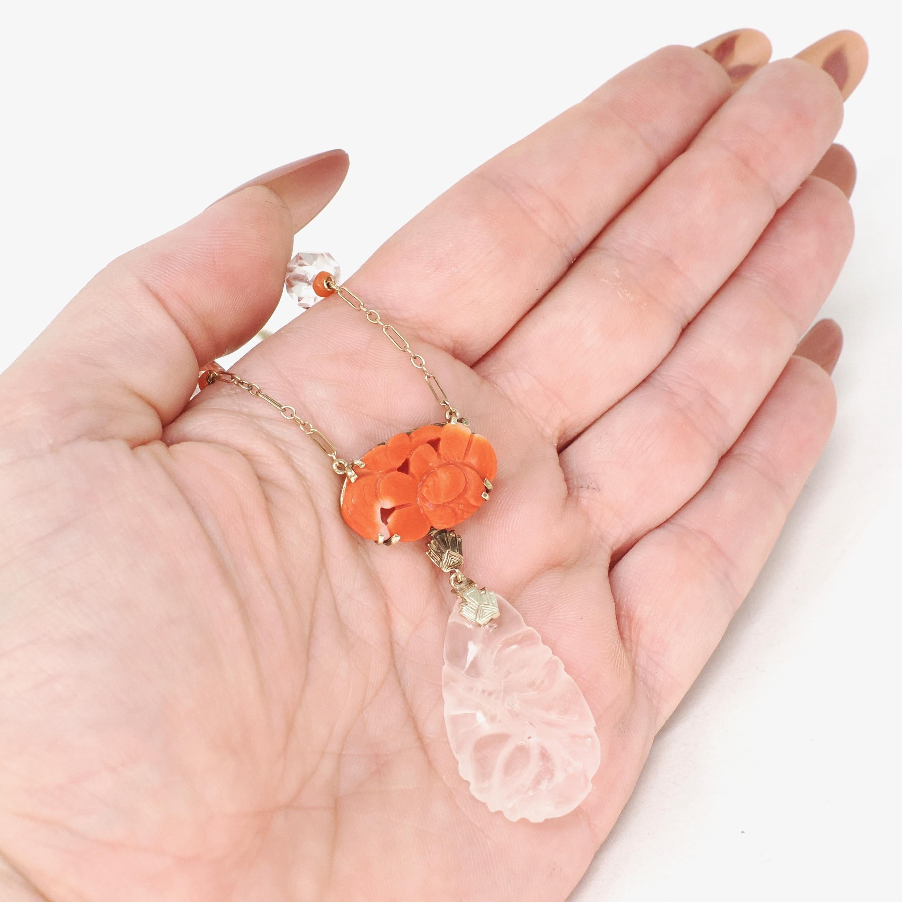 Antique Art Deco Necklace - Carved Rock Crystal Quartz 14k Yellow Gold Orange Coral Gemstone Statement - Circa 1920s Era Fine Beaded Jewelry