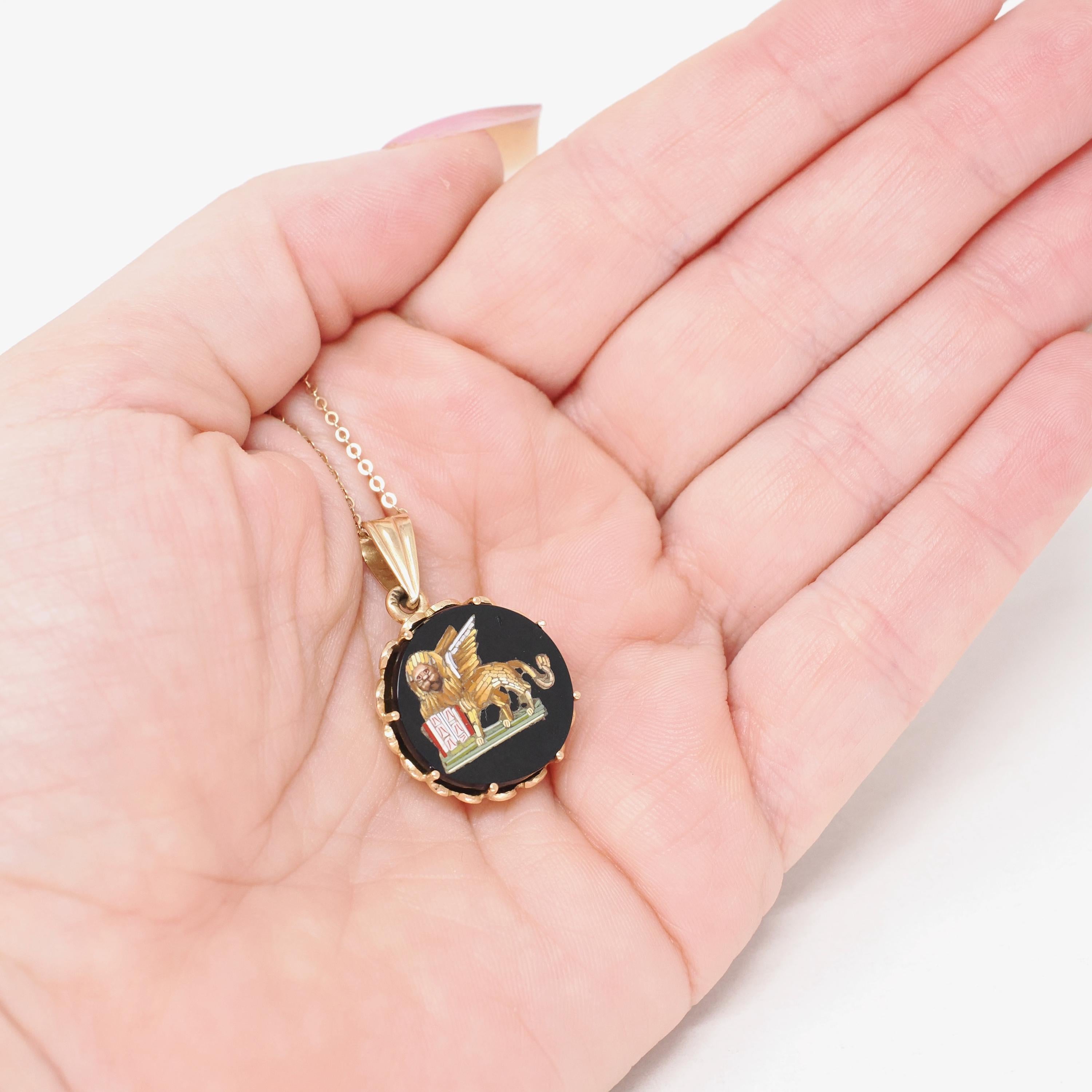 Vintage Lion of San Marco Pendant - Retro 18k Yellow Gold Black Onyx Mosaic Inlay Scene Charm - Circa 1970s Fine Victorian Revival Jewelry