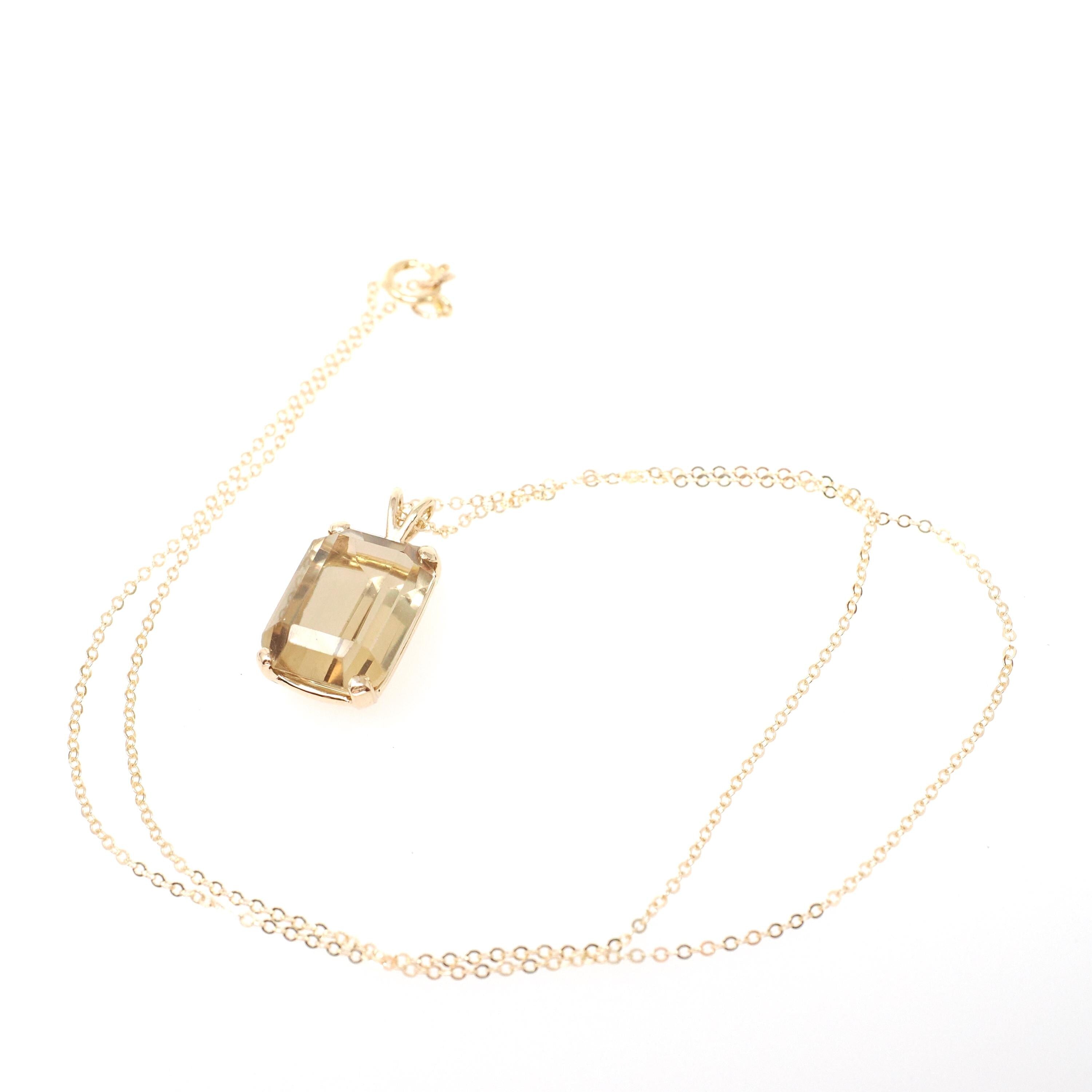 Modern Citrine Pendant - Estate 14k Yellow Gold Emerald Cut 9.05 CT Natural Gemstone Necklace - Circa 2000s Fine November Birthstone Jewelry