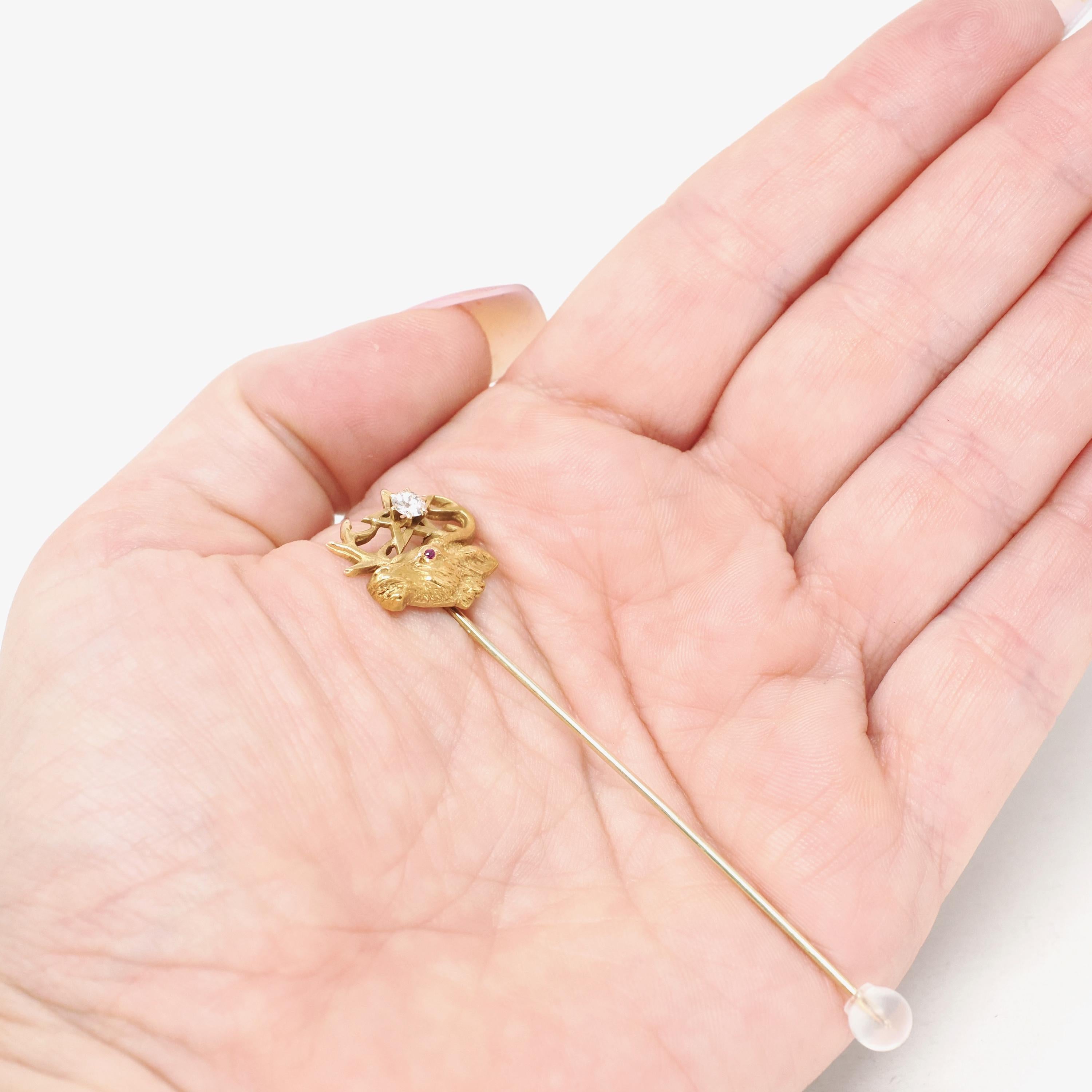 Antique Elk Stick Pin - Edwardian 14k Yellow Gold .15 CT Old European Cut Diamond Star - Circa 1900s Ruby Eye Jolly Cork Deer Animal Jewelry