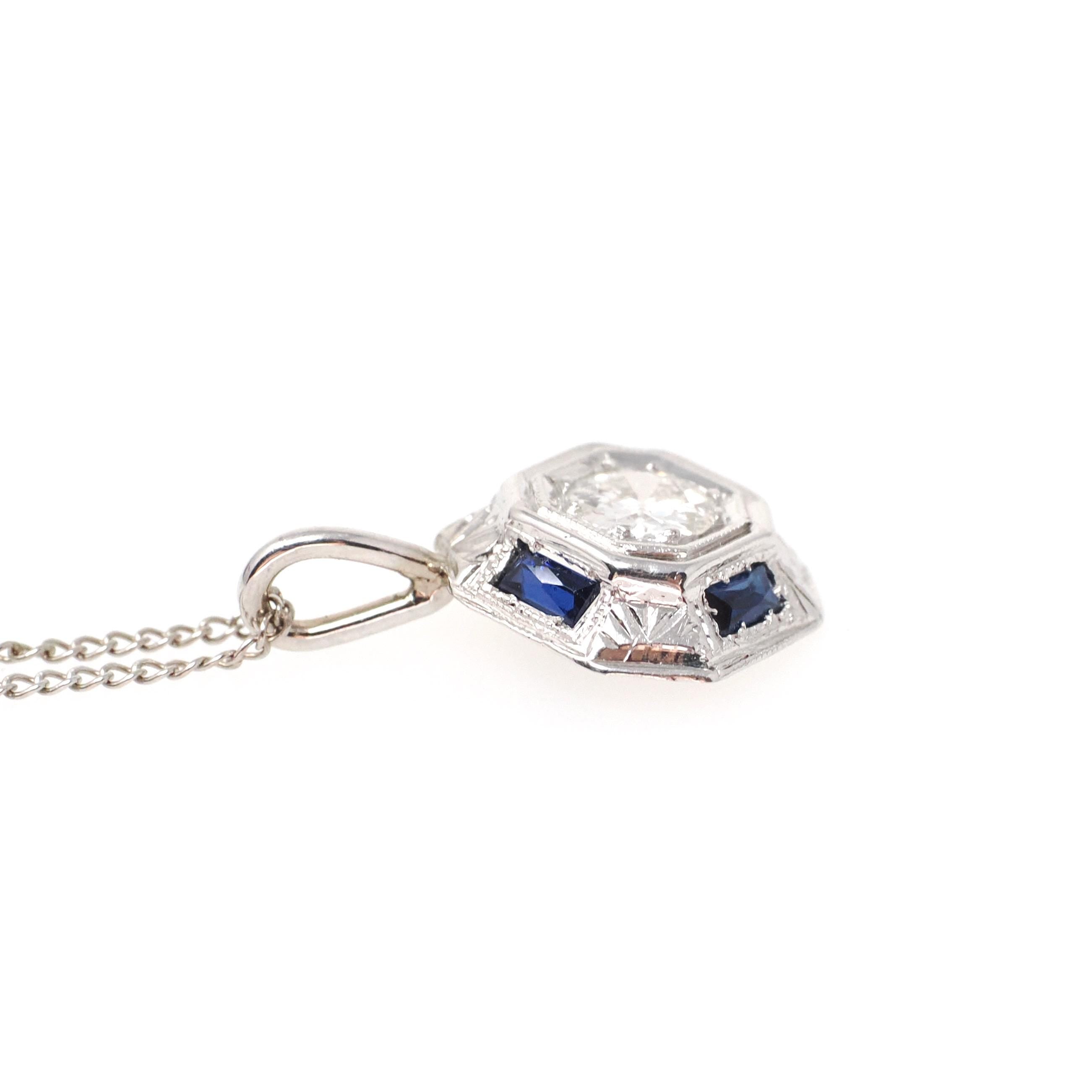 Art Deco Diamond Necklace - Vintage 14k White Gold .34 CT Old Euro & Created Blue Sapphire Pendant - Circa 1930s Era Conversion Fine Jewelry