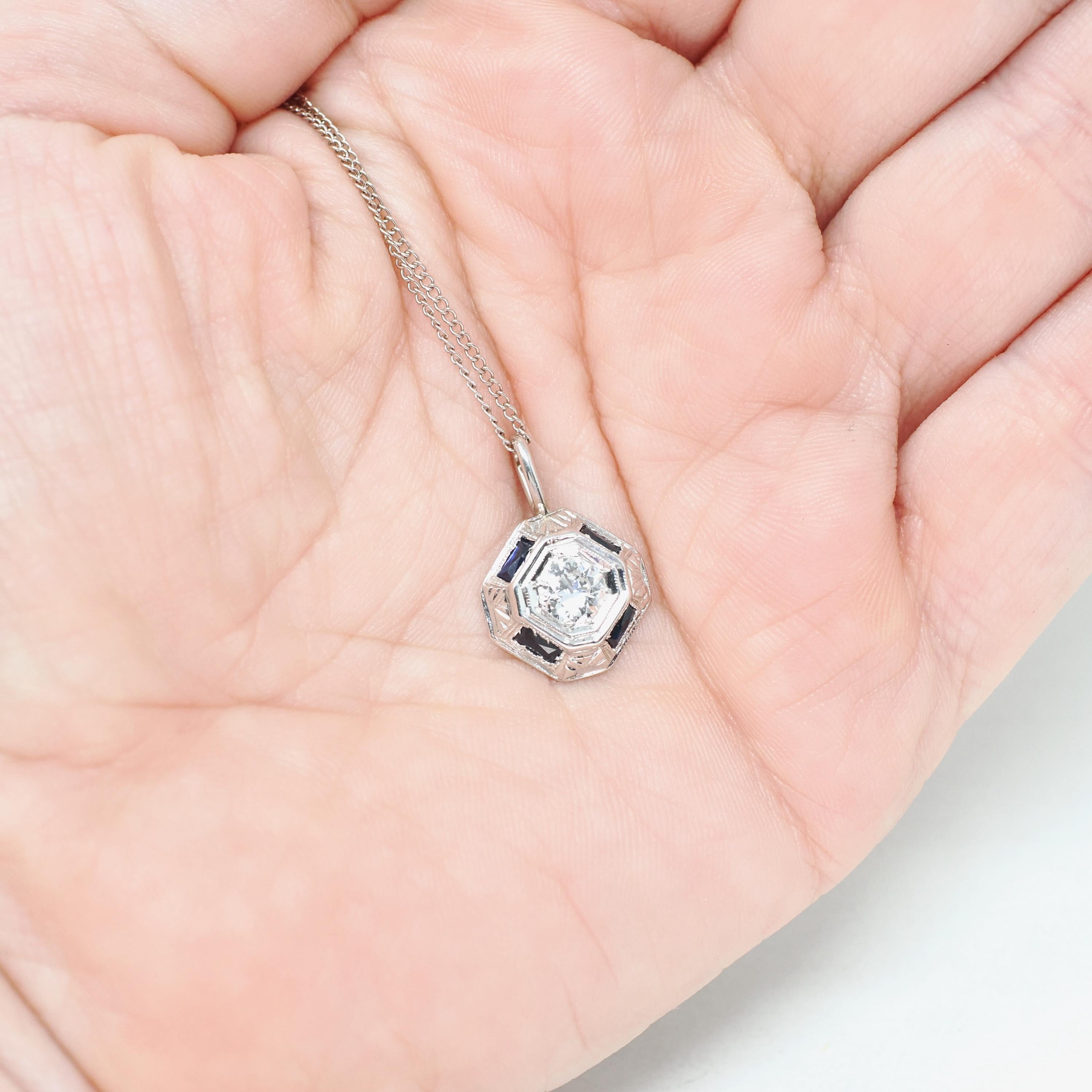 Art Deco Diamond Necklace - Vintage 14k White Gold .34 CT Old Euro & Created Blue Sapphire Pendant - Circa 1930s Era Conversion Fine Jewelry