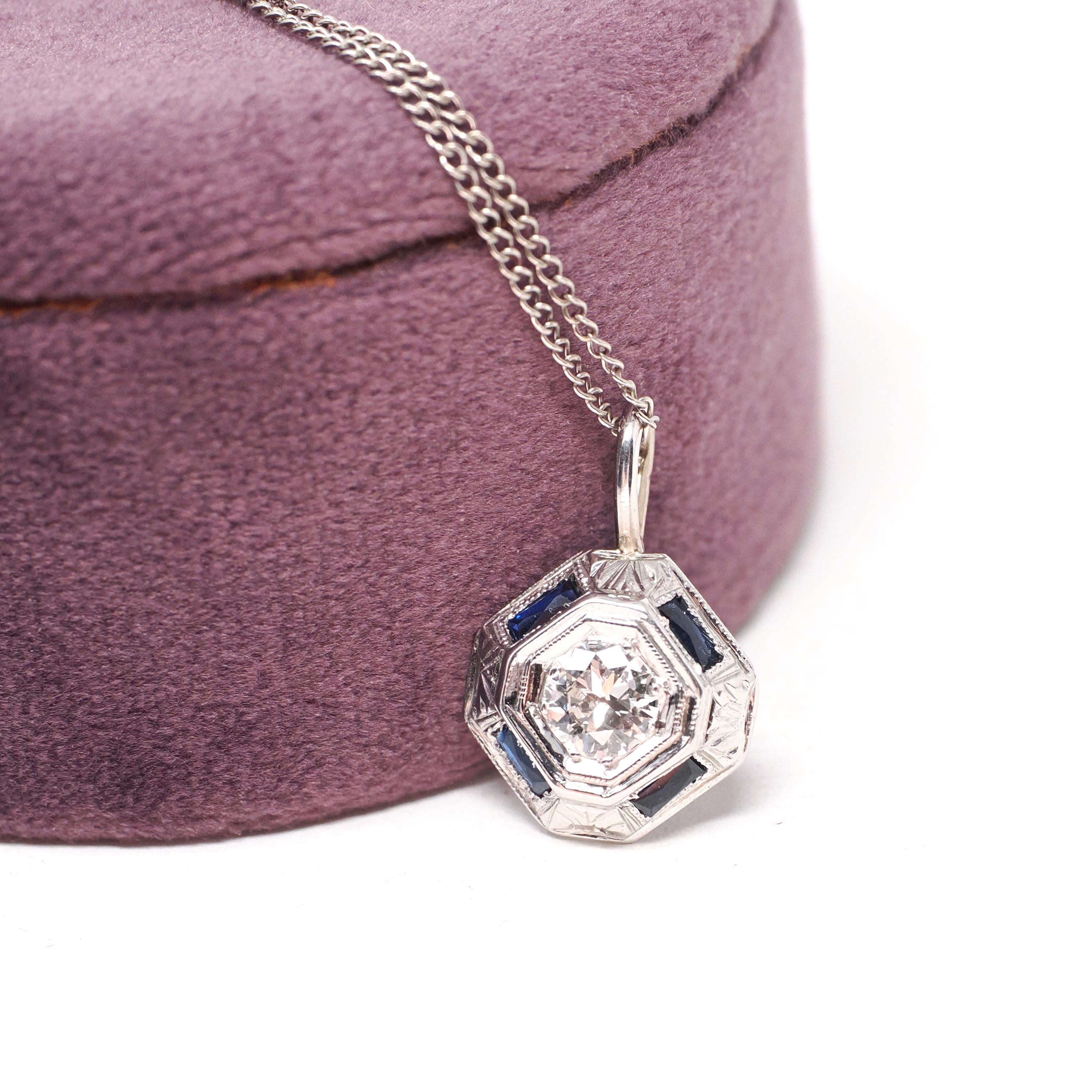 Art Deco Diamond Necklace - Vintage 14k White Gold .34 CT Old Euro & Created Blue Sapphire Pendant - Circa 1930s Era Conversion Fine Jewelry