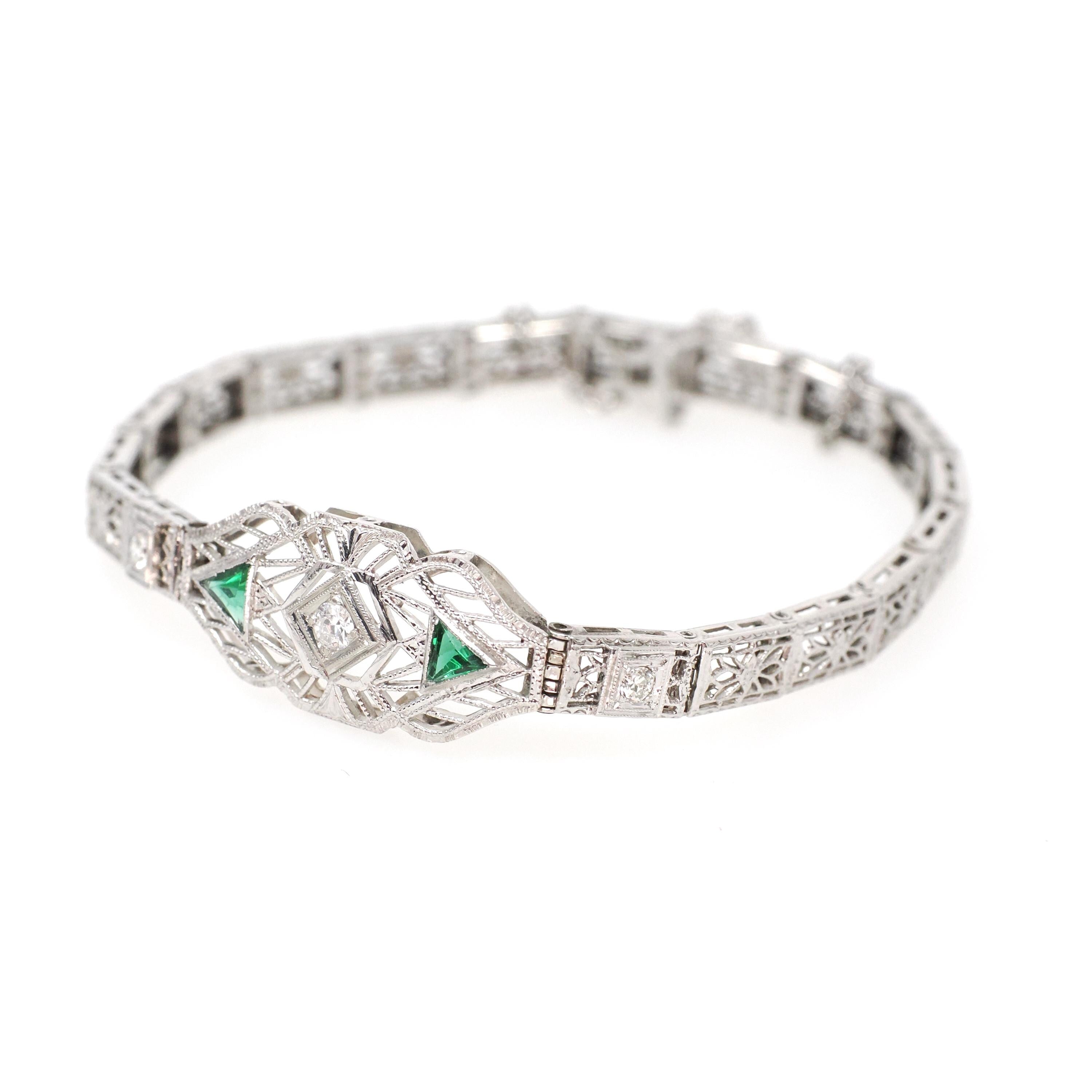 Art Deco Bracelet - Vintage 14k White Gold Natural Diamond Green Glass Simulated Emerald - Circa 1930s May Birthstone Filigree Fine Jewelry