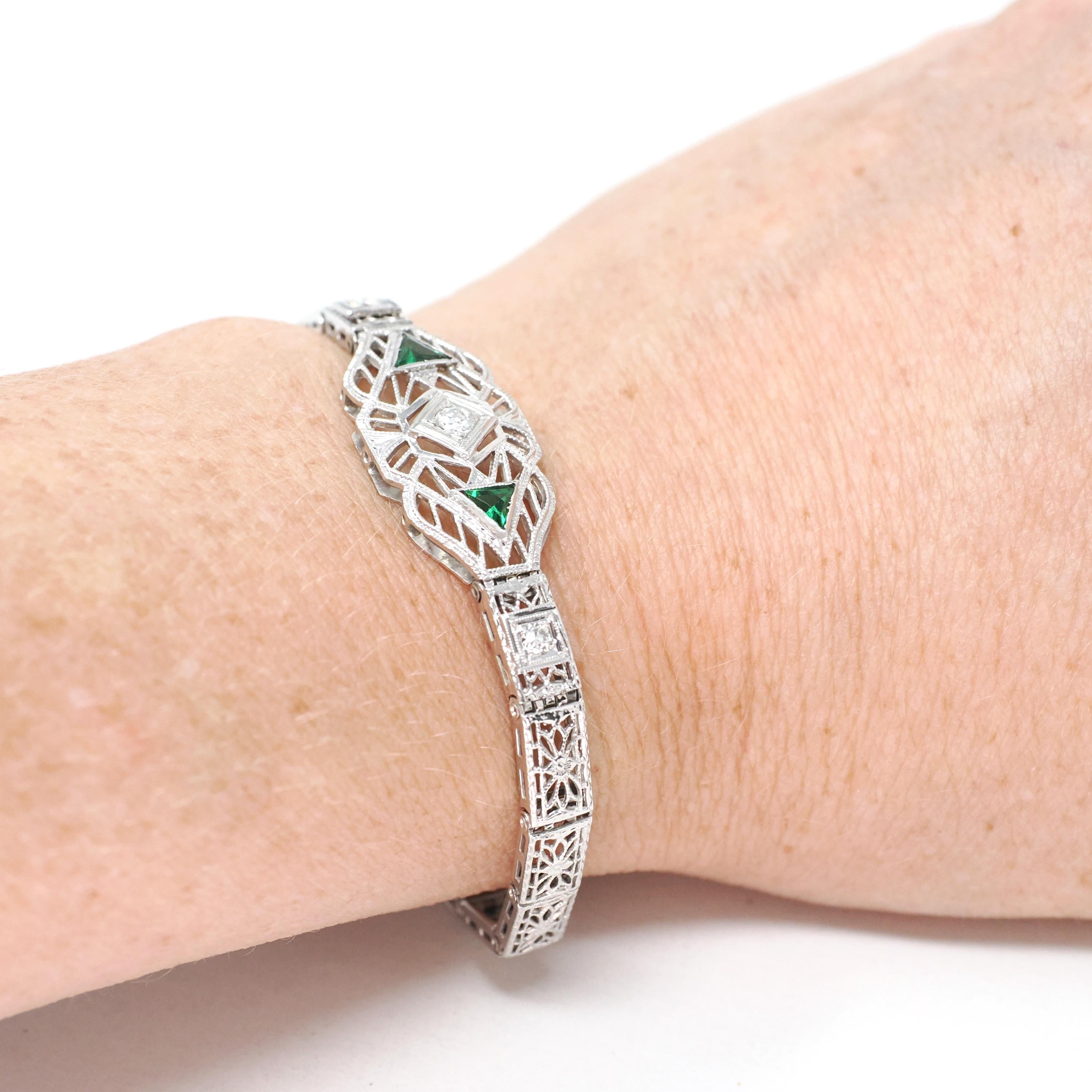 Art Deco Bracelet - Vintage 14k White Gold Natural Diamond Green Glass Simulated Emerald - Circa 1930s May Birthstone Filigree Fine Jewelry