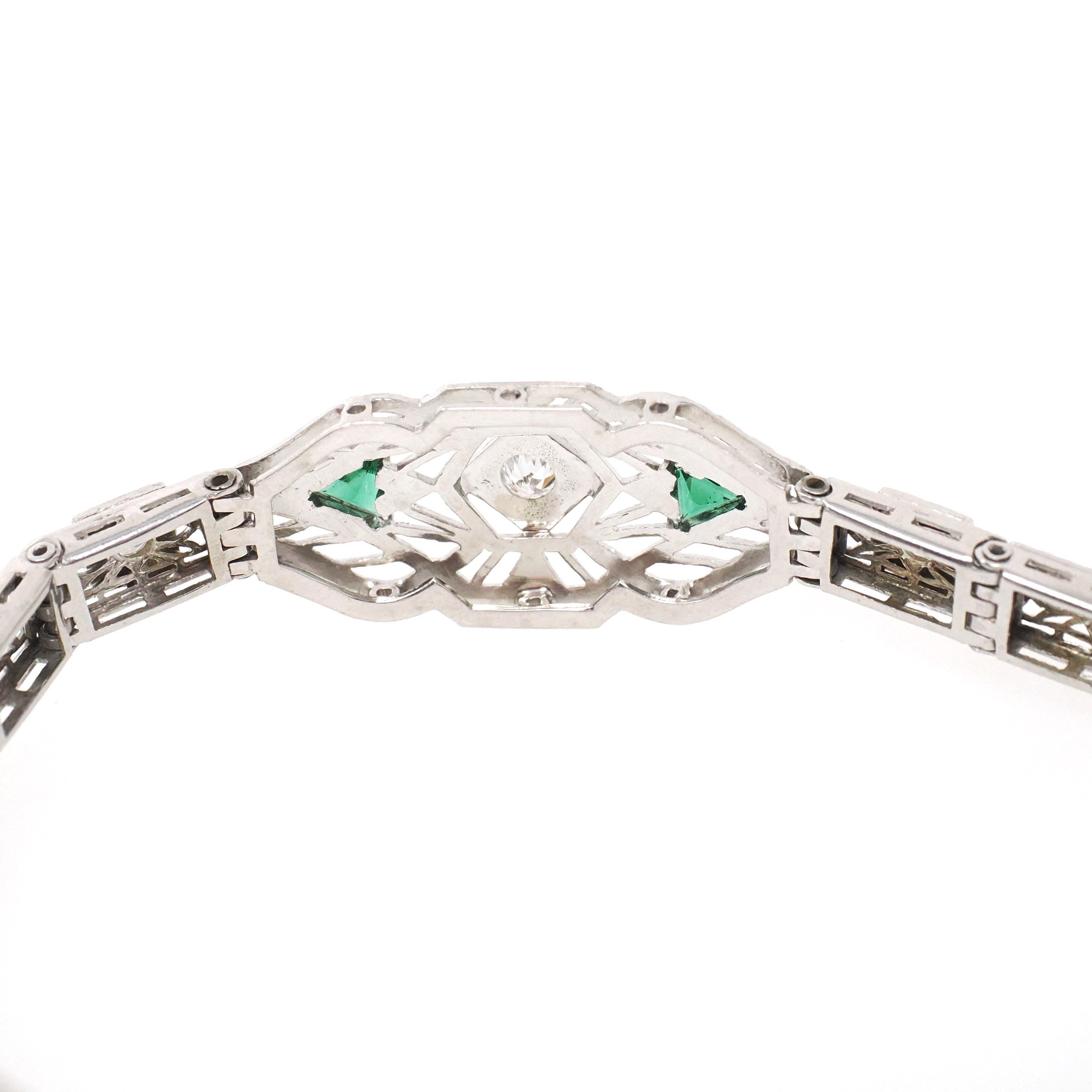 Art Deco Bracelet - Vintage 14k White Gold Natural Diamond Green Glass Simulated Emerald - Circa 1930s May Birthstone Filigree Fine Jewelry