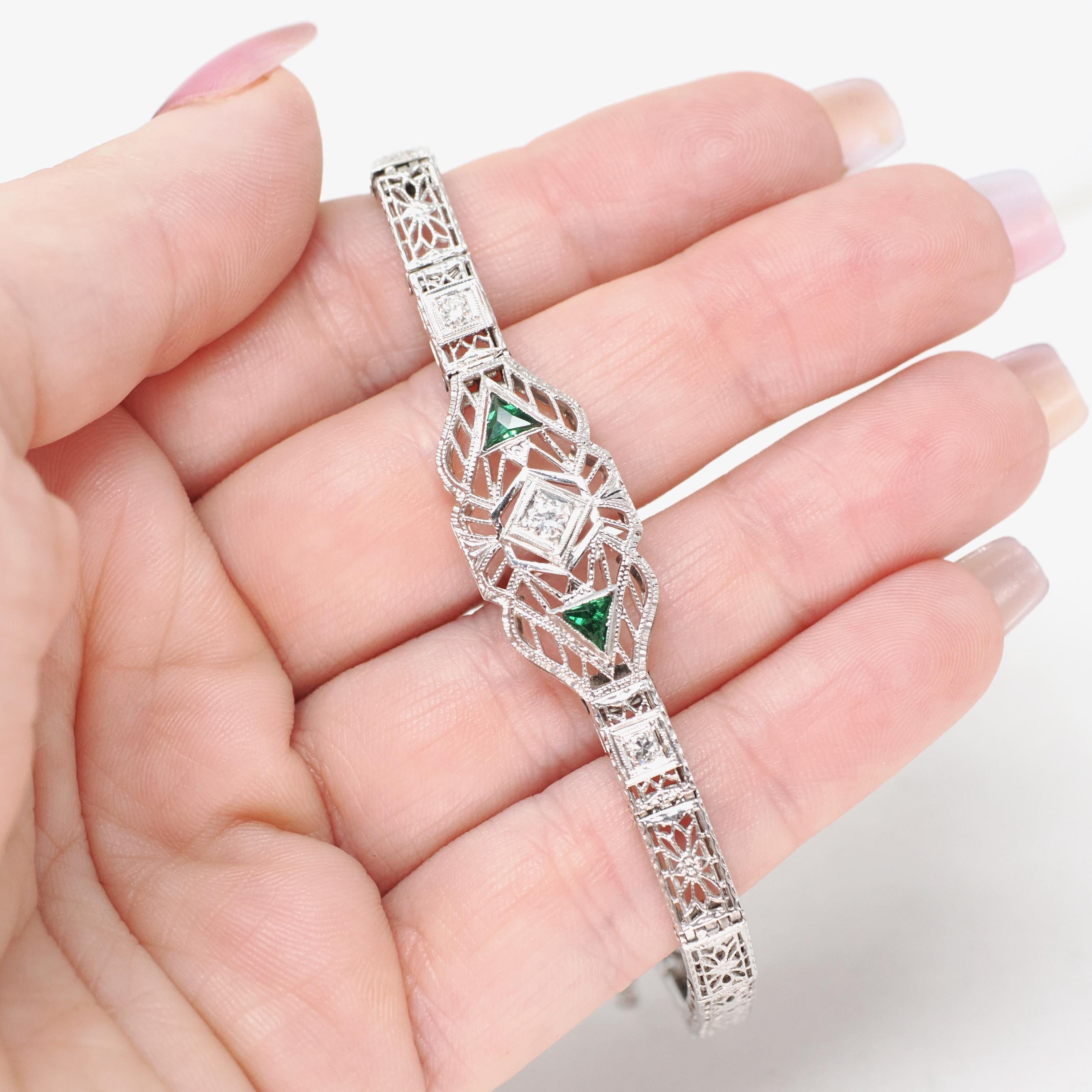 Art Deco Bracelet - Vintage 14k White Gold Natural Diamond Green Glass Simulated Emerald - Circa 1930s May Birthstone Filigree Fine Jewelry